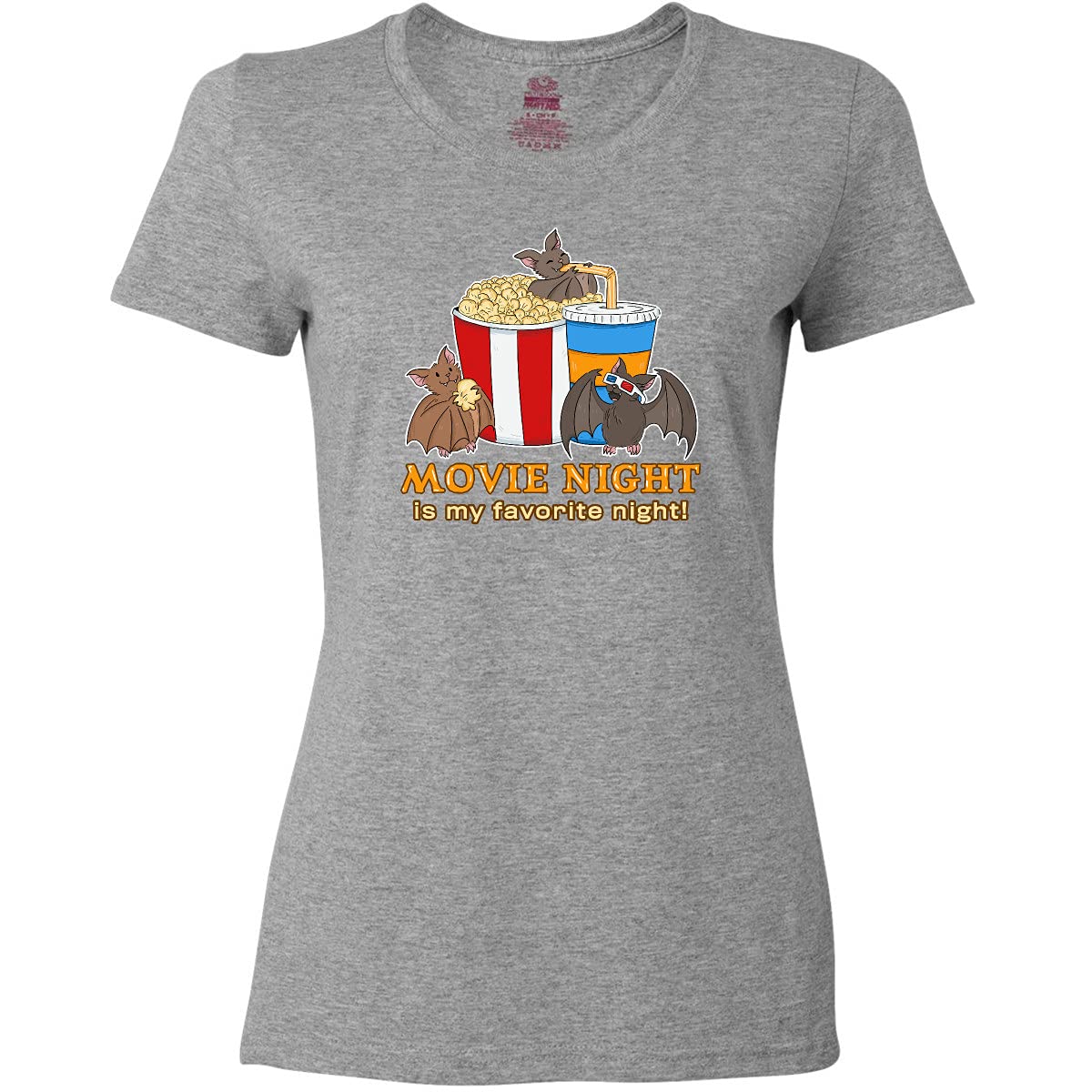 Inktastic Movie Night is My Favorite Night Bats with Popcorn Women's T-Shirt - Comfortable Casual Tee for Movie Lovers & Popcorn Enthusiasts