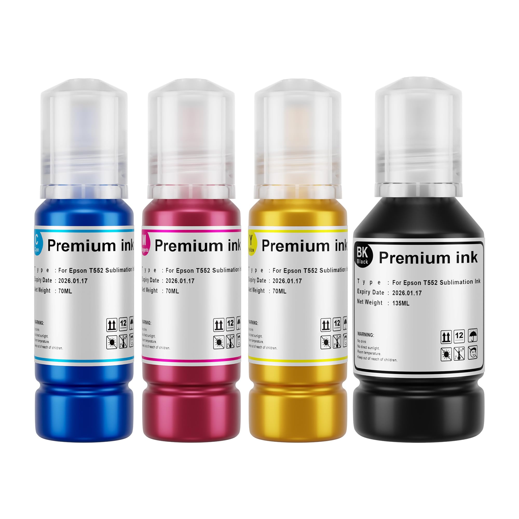 Epson ET-8550 ET-8500 Sublimation Ink Refill Bottles (135ml Black, 70ml Cyan Magenta Yellow) - High Capacity Ink for Wide-Format Supertank Printers - Perfect for T-Shirt Heat Press Transfer & Custom Tumblers Printing