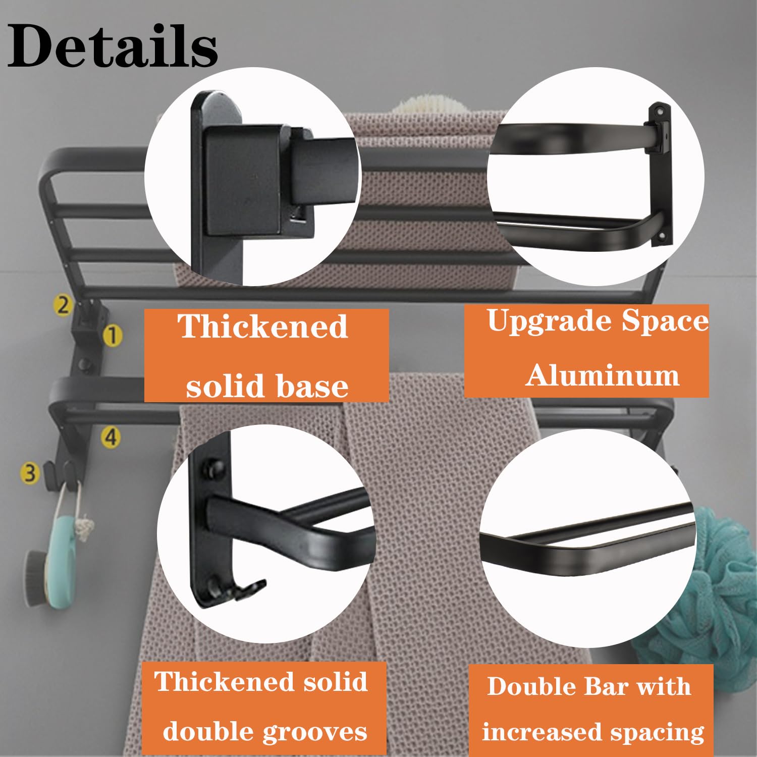 Stainless Steel Bathroom Towel Rack - Double Towel Bar & Foldable Shelf - Wall Mounted Rustproof Towel Organizer for Bathroom, Balcony, Laundry Room (16 Inch, Black) - Perfect for Small Spaces & Modern Home Decor