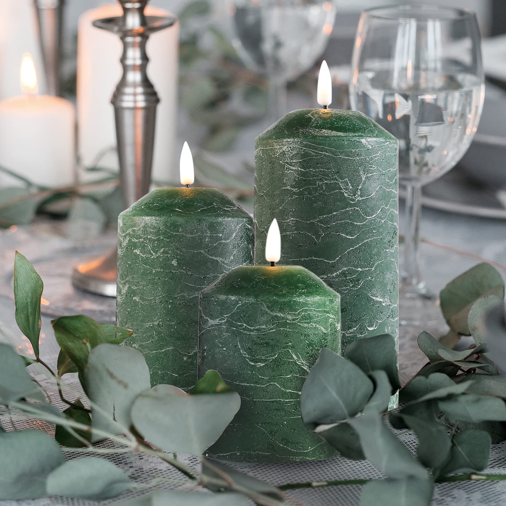 Dark Green Flameless LED Pillar Candles with Remote - Set of 3 Realistic Flickering Battery Operated Candles for Home Decor, Weddings & Romantic Ambiance
