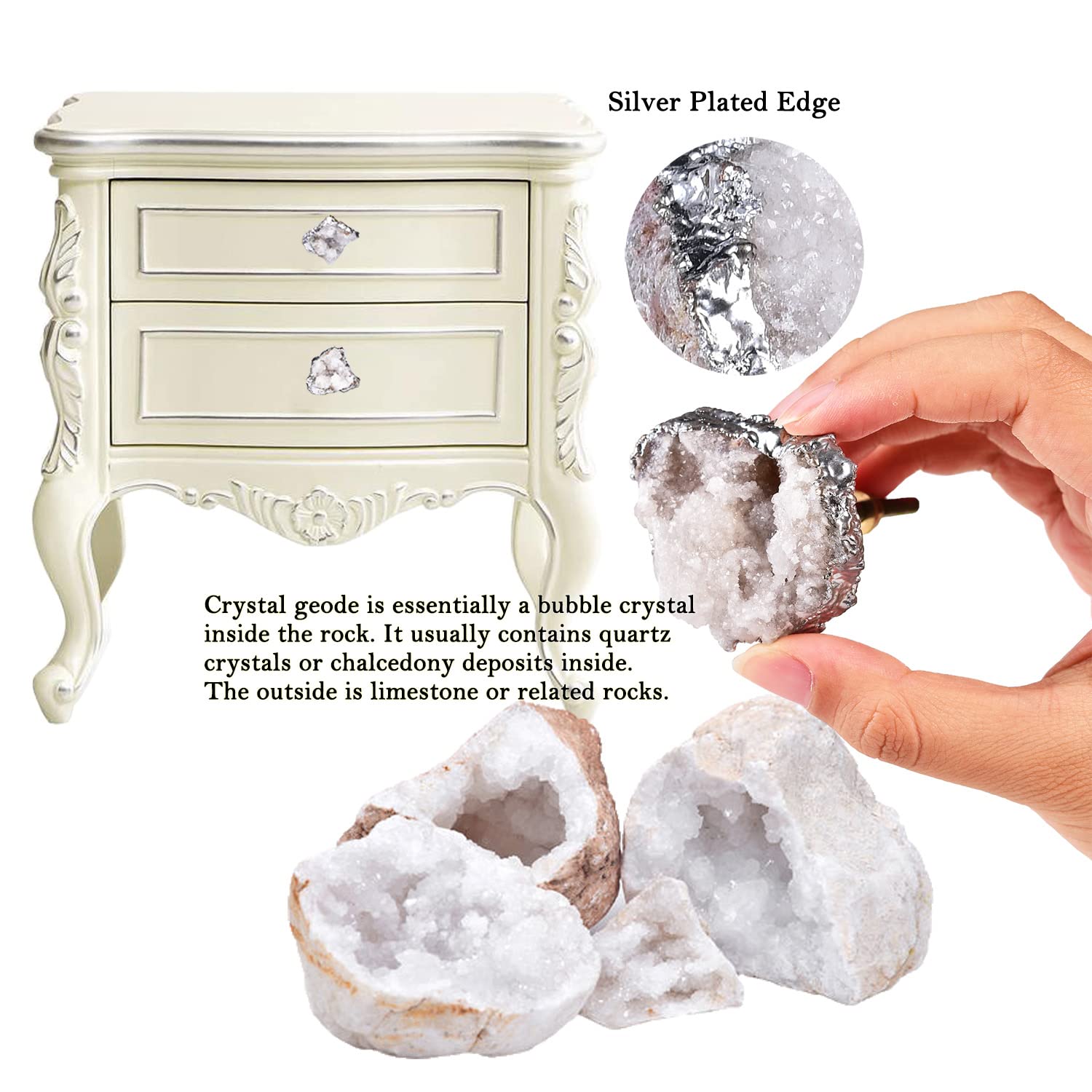 Natural White Crystal Geode Drawer Knobs - Silver-Plated Healing Stone Cabinet Handles for Dresser, Cupboard & Home Office Decor (Set of 4) - Perfect for Boho, Zen & Spiritual Space Decorating