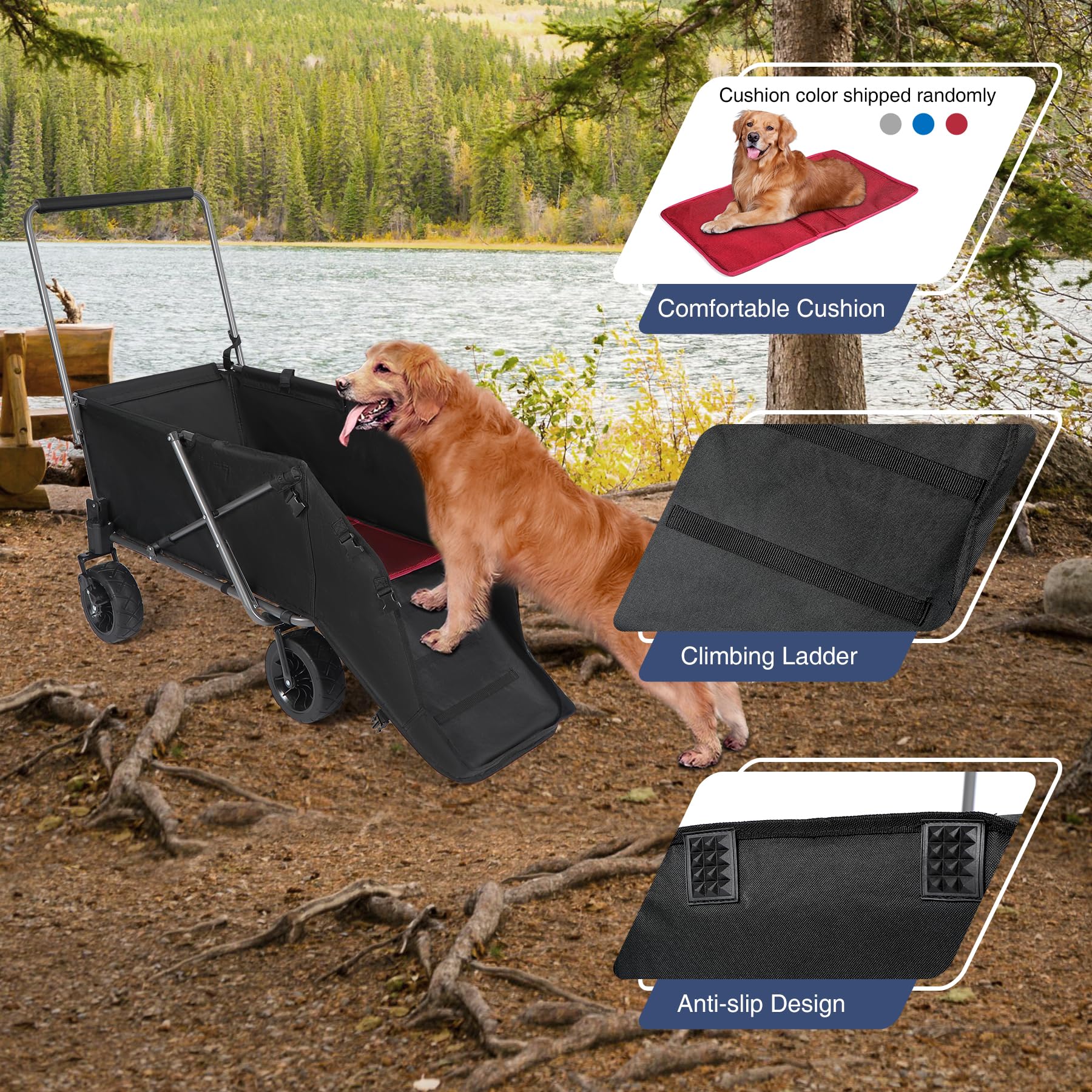 **REDCAMP Heavy Duty Folding Dog Wagon Cart - 220L Large Collapsible Utility Cart with Extendable Rear Tailgate for Pets, Sports & Shopping - Black | Perfect for Outdoor Adventures, Beach Trips & Grocery Hauling**