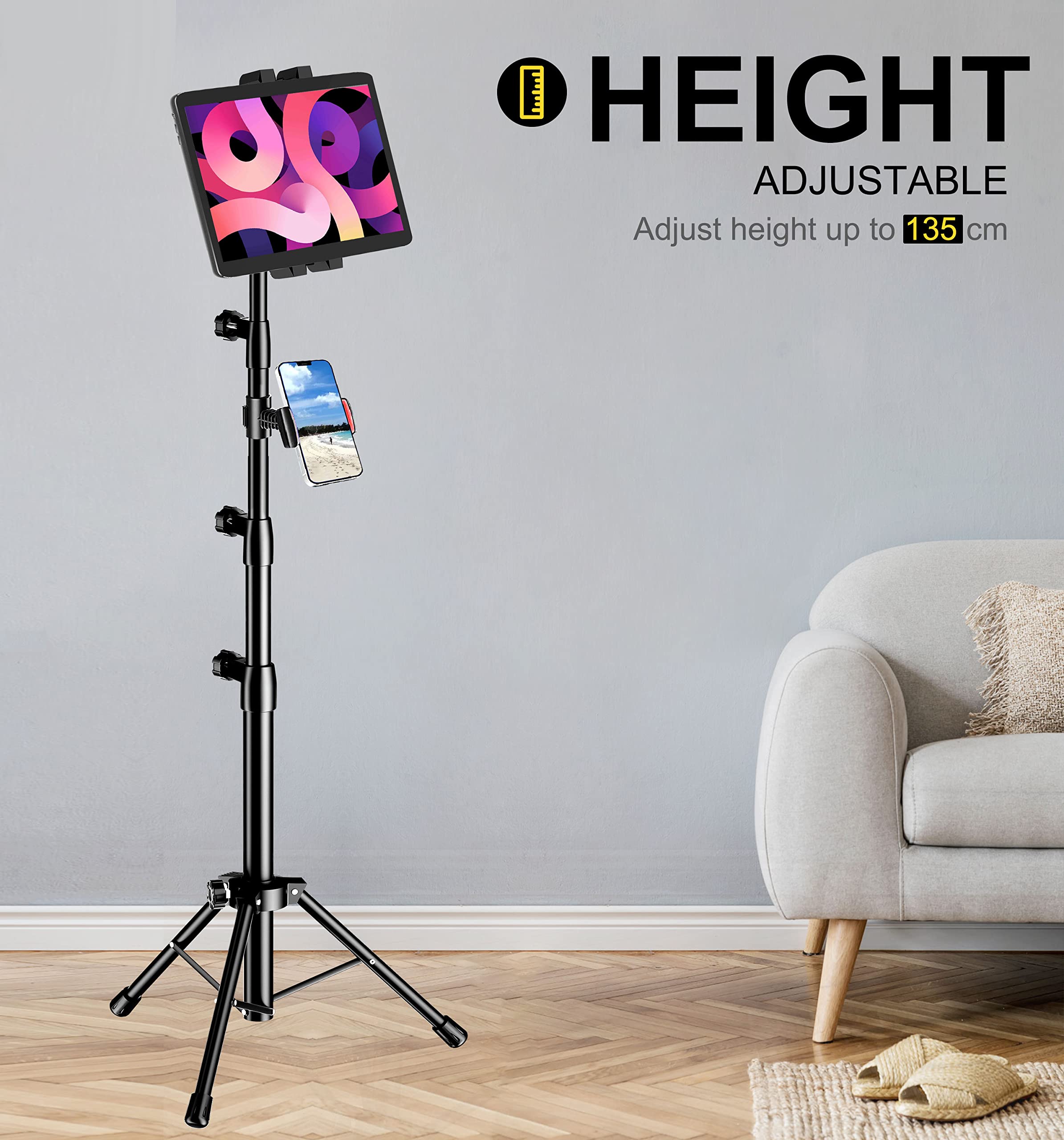 Adjustable iPad Tripod Stand with 2 Holders - Compatible with iPad Pro 12.9/11/10.5/9.7, iPad Air, iPad Mini 6/5/4/3/2, Samsung Tab, Nintendo Switch & All 4-13 Inch Tablets & Phones - Perfect for Home Office, Video Calls, Streaming & Photography