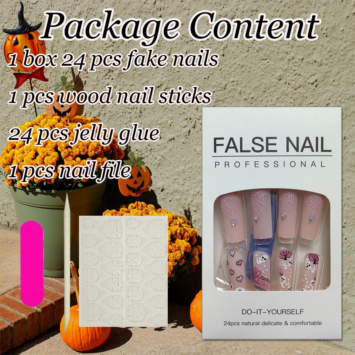 Halloween Press on Nails - 24PCS Long Square Fake Nails with Pumpkin, Coffin, Heart & Spider Web Designs | Glue on Nails with Rhinestones for Women | Perfect for Halloween Parties, Costume Events & DIY Nail Art