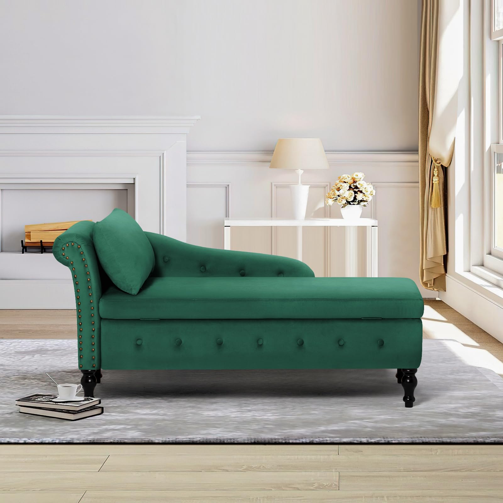 Velvet Upholstered Chaise Lounge with Left Armrest & Lumbar Pillow - Button Tufted Storage Sofa, Modern Lounge Chair for Bedroom, Living Room & Office - Green | Perfect for Small Spaces, Reading Nook & Relaxation