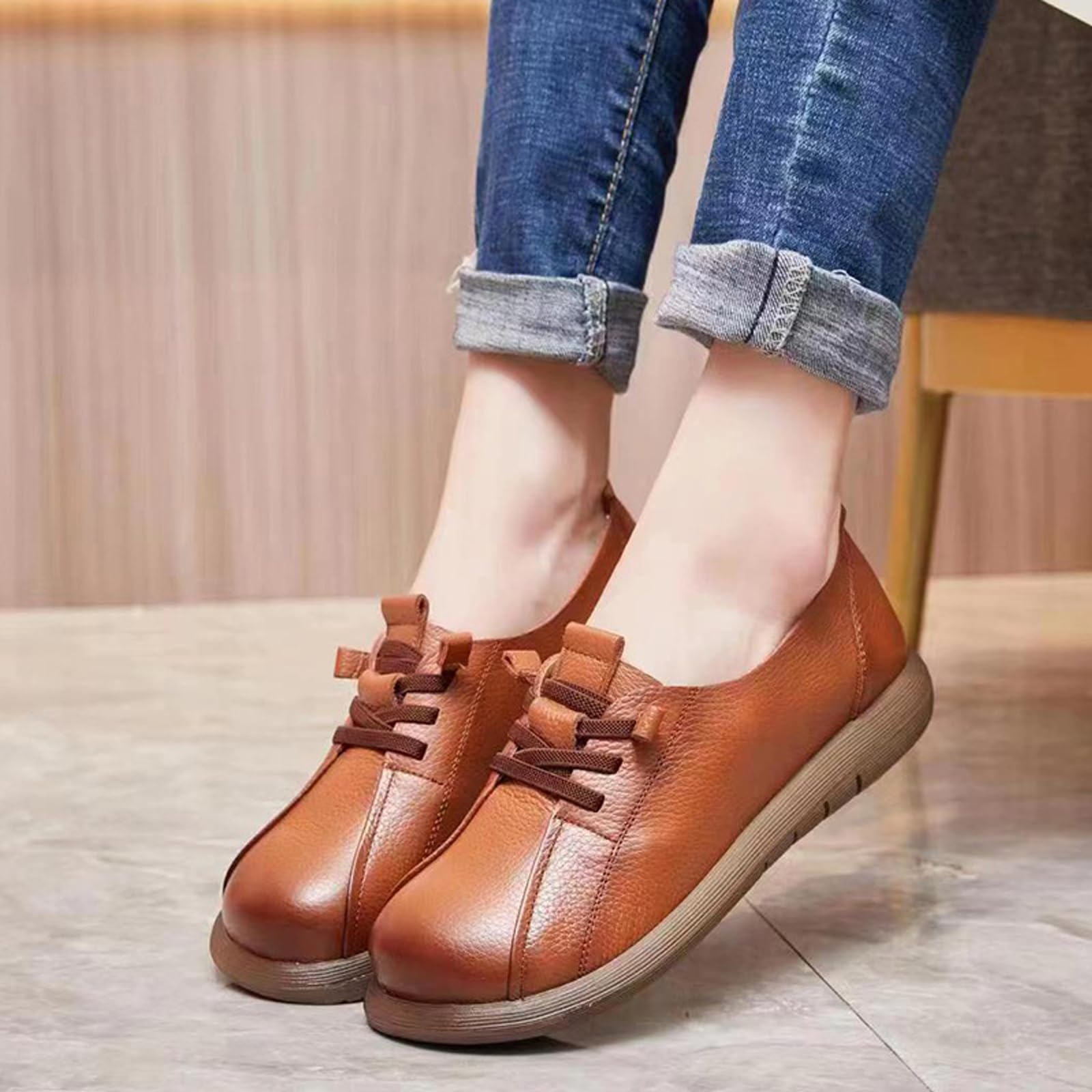 Women's Comfortable Leather Loafers - Soft Sole Slip-On Walking Shoes with Round Wide Toe & Non-Slip Design | Lightweight Casual Shoes for Mom | Perfect for Outdoor, Work & Everyday Wear