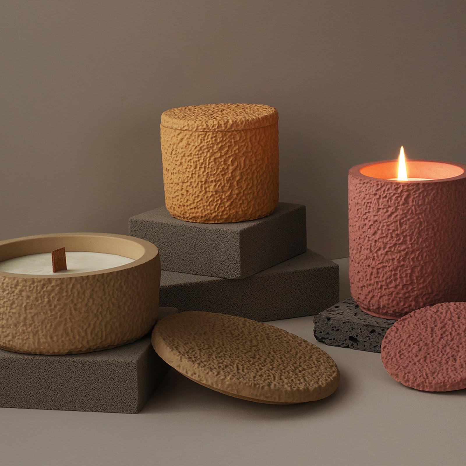 Silicone Candle Jar Molds Set with Lids - Round Concrete Stripe Candle Vessels & Storage Box for DIY Candle Making, Home Decor & Gift Packaging (A-Rough) | Perfect for Handmade Candles, Bathroom Storage & Decorative Containers