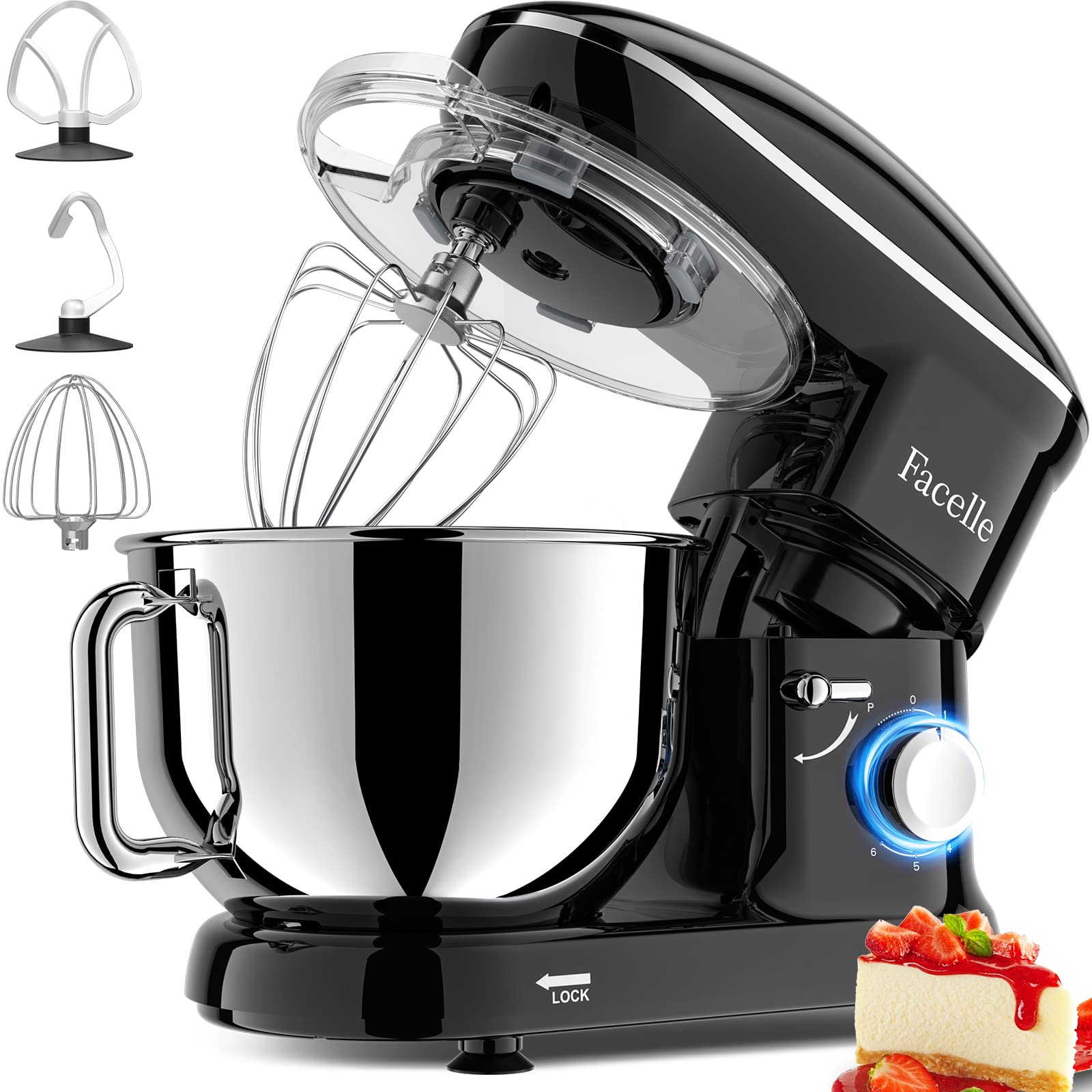 Facelle 660W 6-Speed Stand Mixer - Tilt-Head Electric Kitchen Mixer with Pulse Function, 6.5QT Stainless Steel Bowl, Dishwasher-Safe Beater, Dough Hook & Whisk - Perfect for Baking Cakes, Cookies, Bread and More - Black