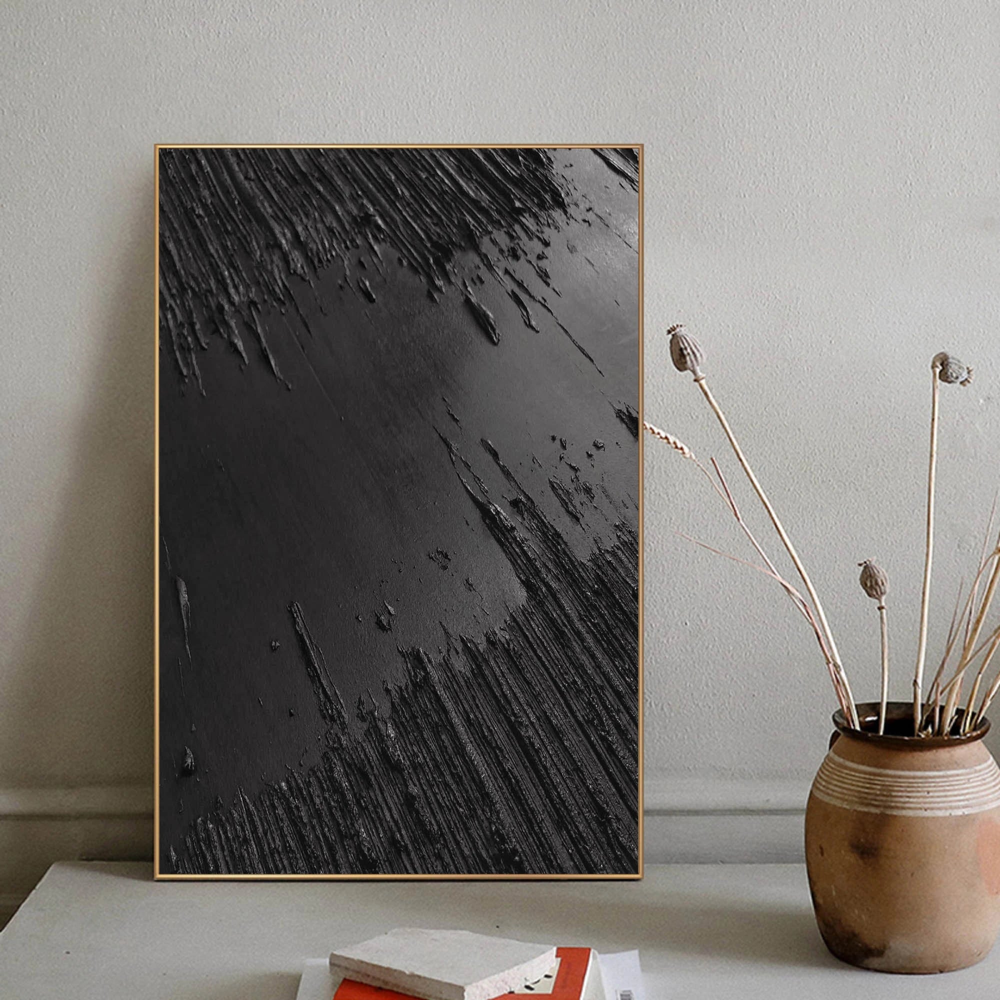 Black Minimalist Textured Painting Canvas #MZ013 - Modern Abstract Wall Art for Living Room, Bedroom & Office Decor