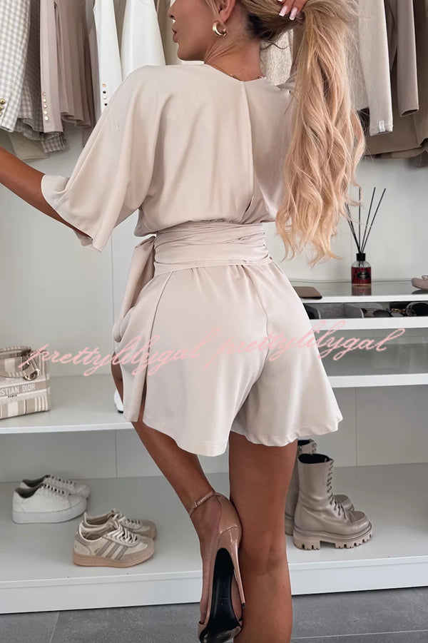 Stylish Comfortable V-Neck Wide Sleeve Tie-Up Loose Romper for Women - Summer Casual Outfit, Beach Cover-Up, Lounge Wear, and Vacation Essentials