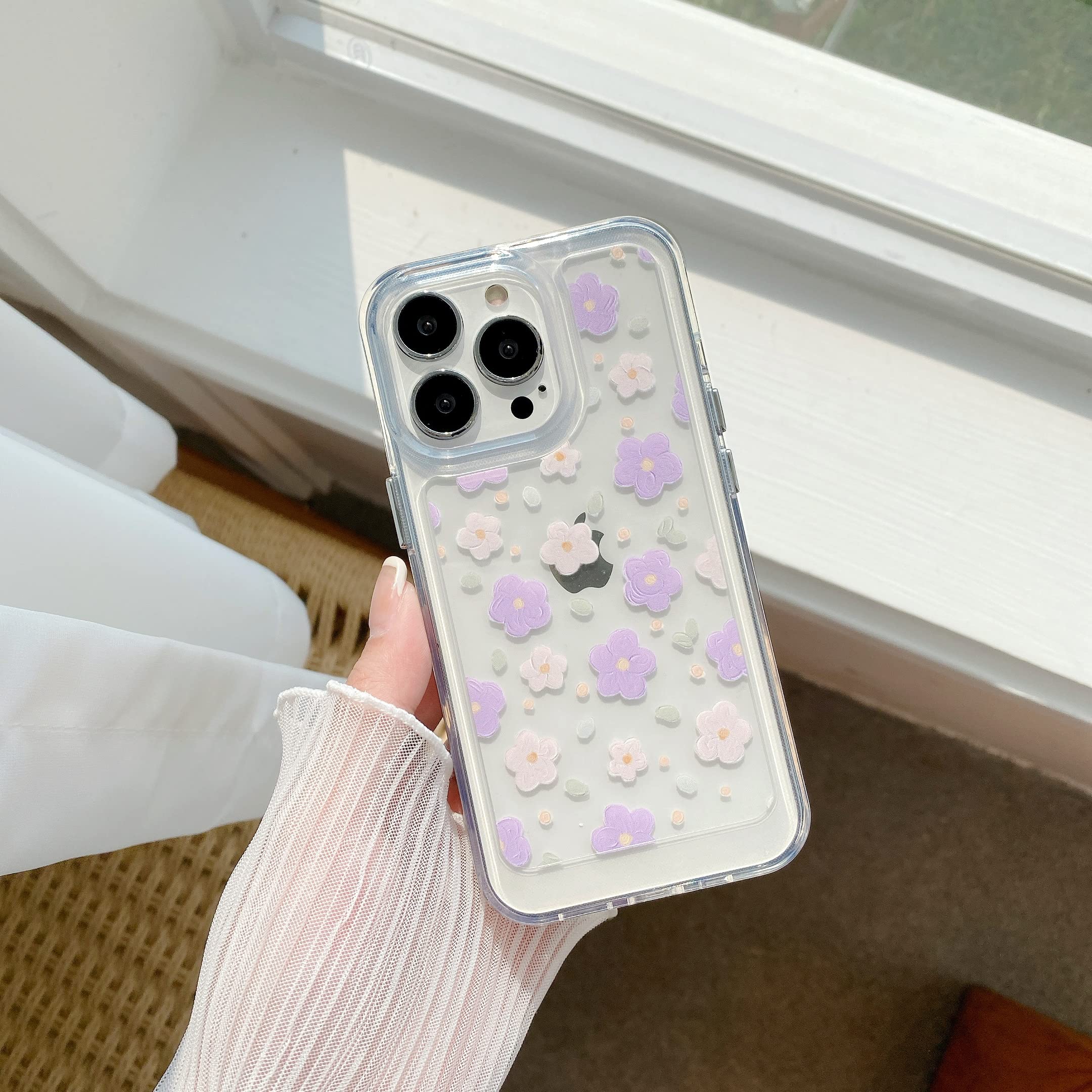 Clear Floral Frosted iPhone 13 Pro Case for Women - Shockproof Protective Hard Cover with TPU Bumper (Little Purple) | Perfect for Everyday Use, Work & Travel Protection
