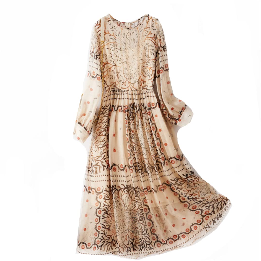 Women's Summer Floral Print Long Sleeve Maxi Dress - Round Neck Elegant Robe for Beach Vacation, Party & Casual Wear