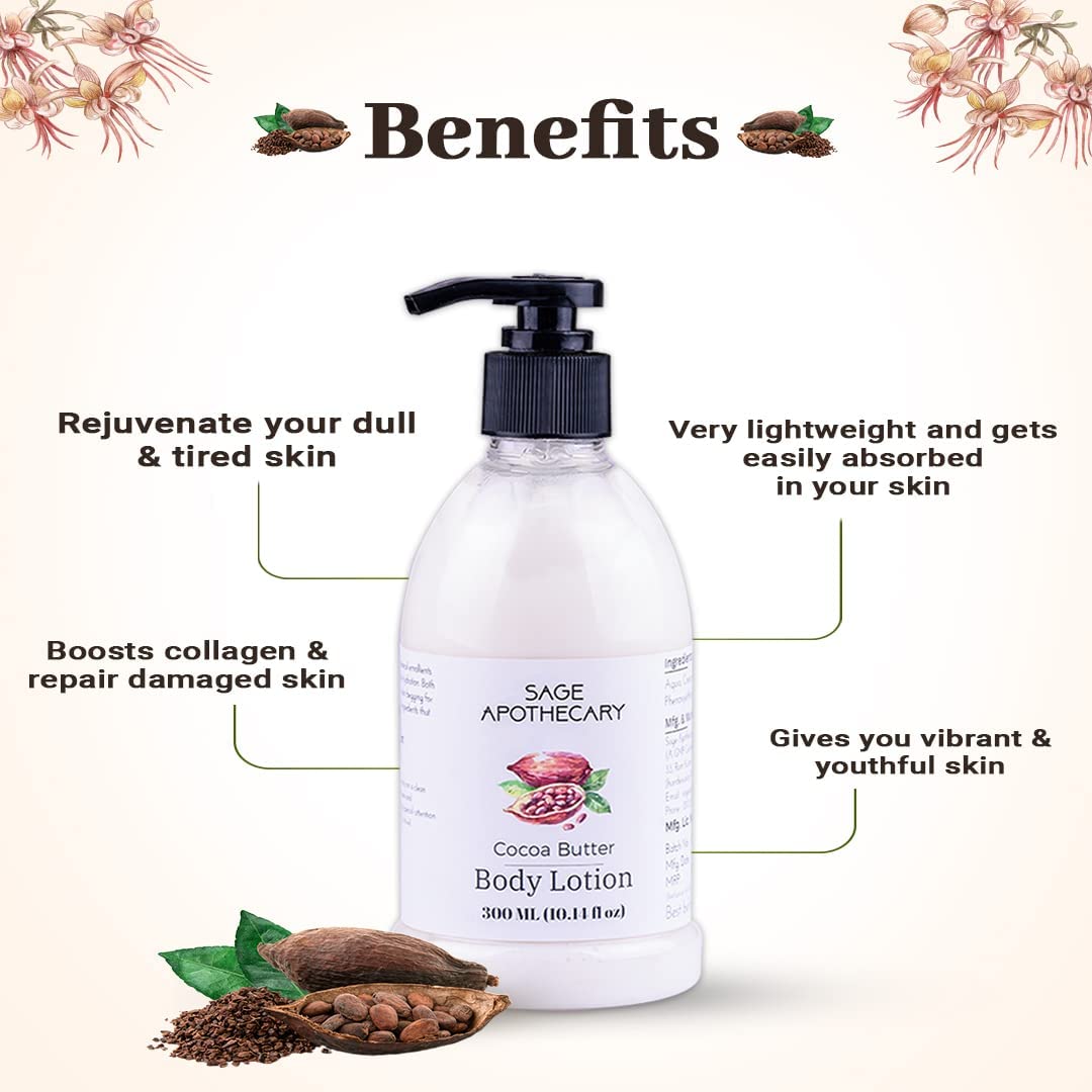 **Sage Apothecary 100% Pure Natural Castor & Cocoa Butter Body Lotion for Deep Moisturizing & Hydration – Soft & Silky Skin | Collagen Boosting for Men & Women | Paraben & Silicone Free – 300ml | Perfect for Dry Skin, Stretch Marks & Nighttime Care**