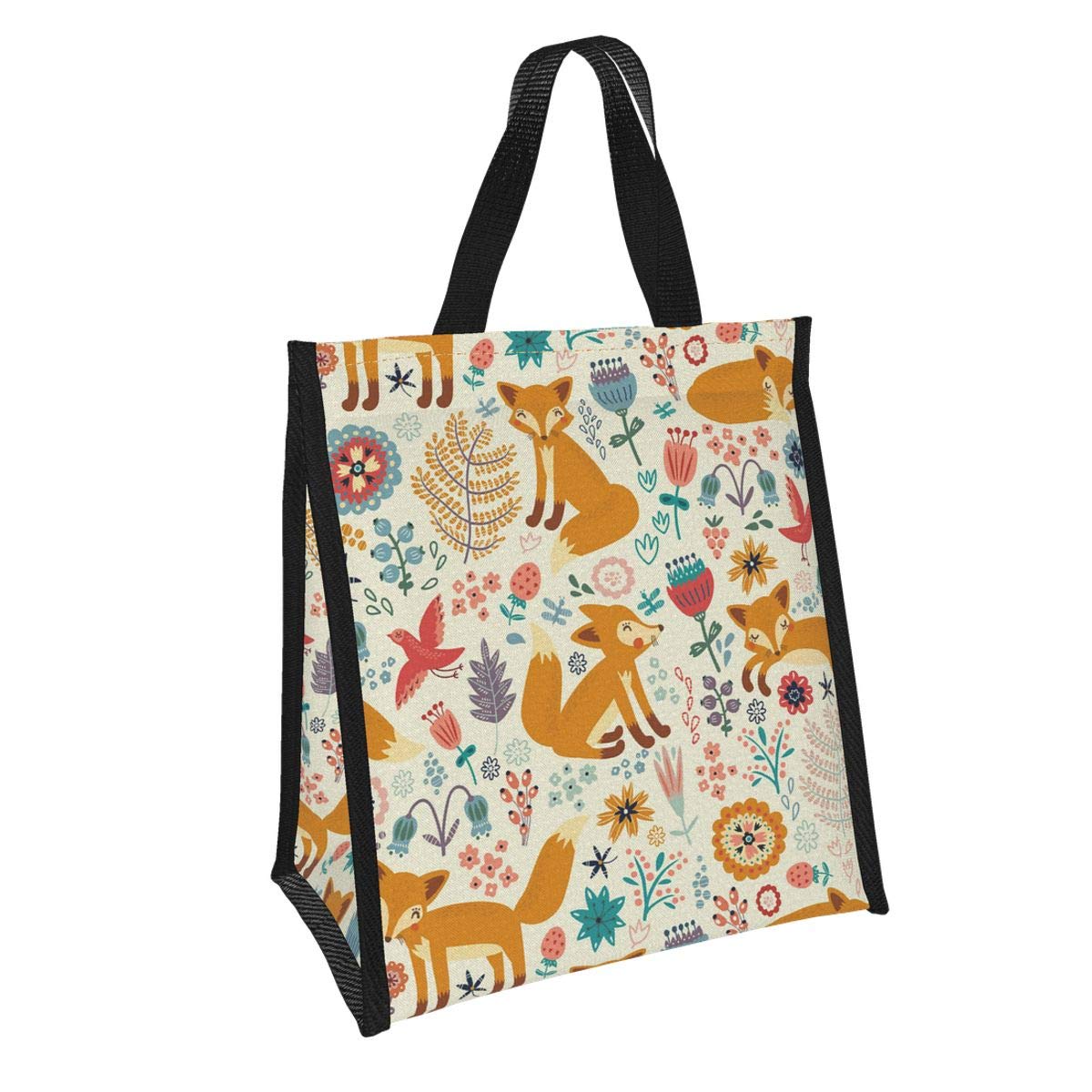 Insulated Reusable Lunch Bag with Cute Foxes & Ornate Flowers Design - Aluminum Foil Tote for Kids, Women & Men - Perfect for School, Office & Picnics