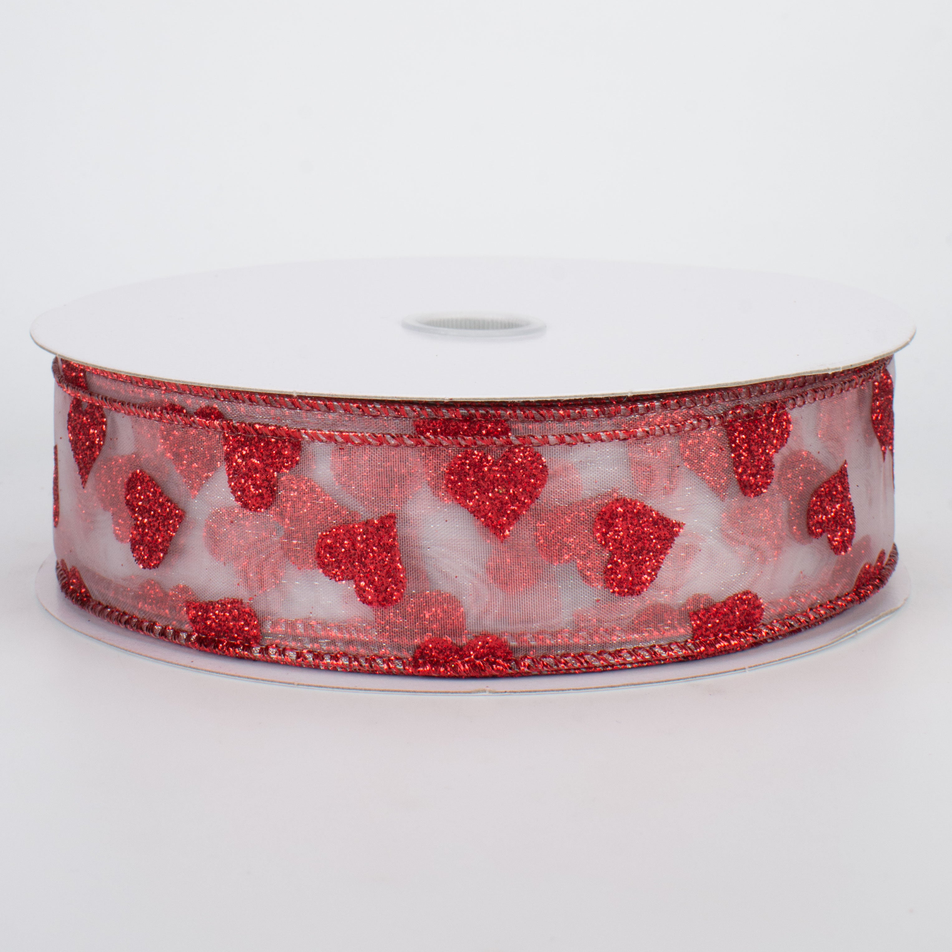 1.5 Inch Glitter Hearts Ribbon - Red on White Sheer Ribbon for Gift Wrapping, Crafts, DIY Projects (50 Yards) - Perfect for Valentine's Day, Weddings & Party Decorations