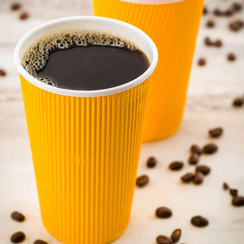 20oz Insulated Ripple Coffee Cups - 250 Pack Double Wall Corrugated Paper Cups with Secure Grip | Eco-Friendly & Leakproof | Perfect for Coffee Shops, Restaurants & Catering Events | Lids Sold Separately (Yellow)