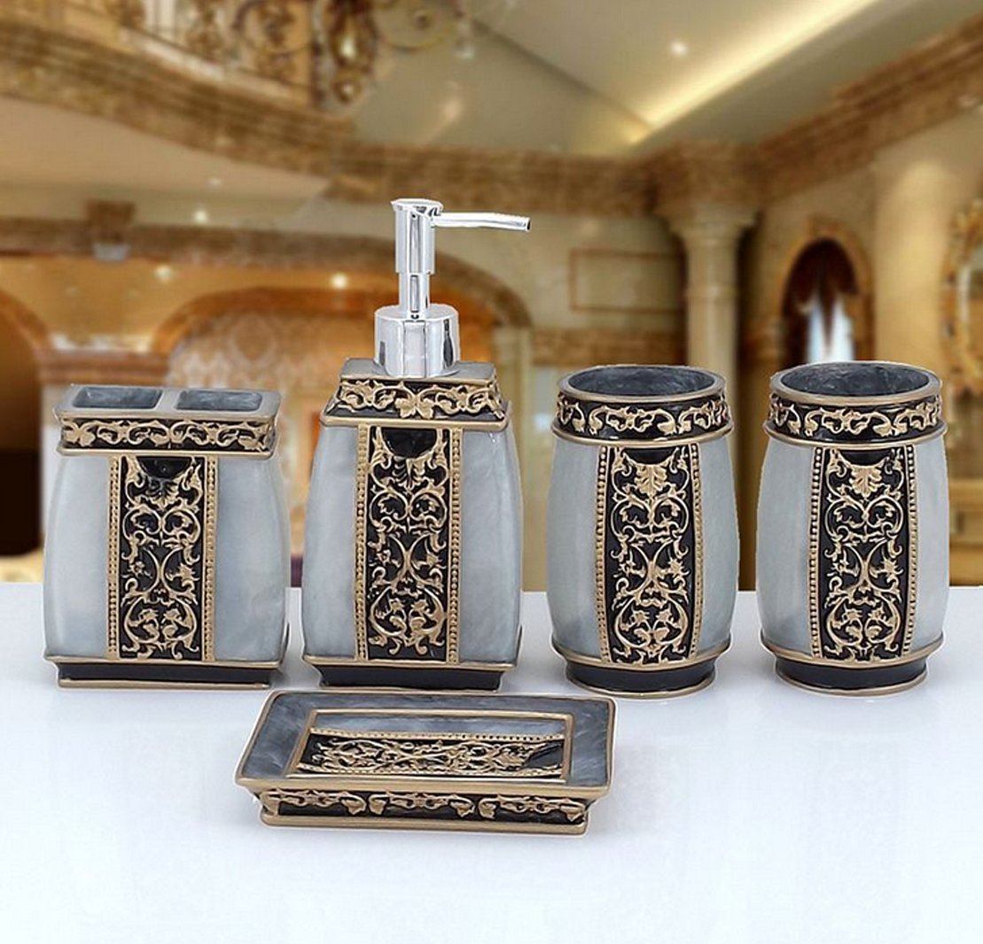 AMSS 5-Piece Resin Bathroom Accessories Set - Toothbrush Holder, Soap Dispenser, Soap Dish & 2 Tumblers with Gift Box | Modern Vanity Organizer for Bathroom Countertop Decor