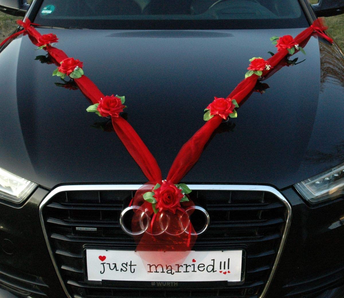 Elegant Red Organza Rose Car Decoration for Weddings - Bridal Couple Car Jewelry & Wedding Car Accessories - Perfect for Wedding Day, Anniversary & Romantic Celebrations