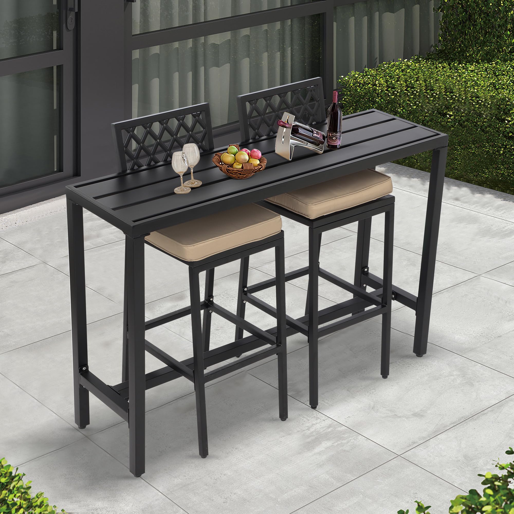 **Outdoor Patio Bar Set - Weather-Resistant Bistro Counter Height Dining Set with Cushions & Slatted Tabletop for Backyard, Garden, Deck, or Poolside Relaxation**