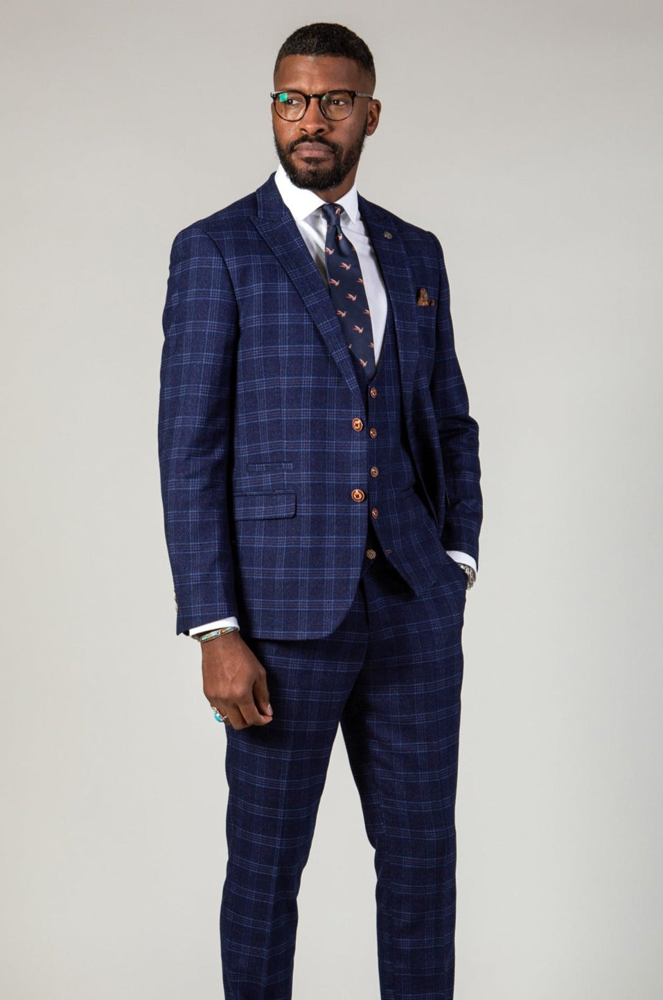 CHIGWELL Blue Tweed Check Three Piece Suit for Men | Classic Formal Business Attire | Perfect for Weddings, Office & Special Occasions