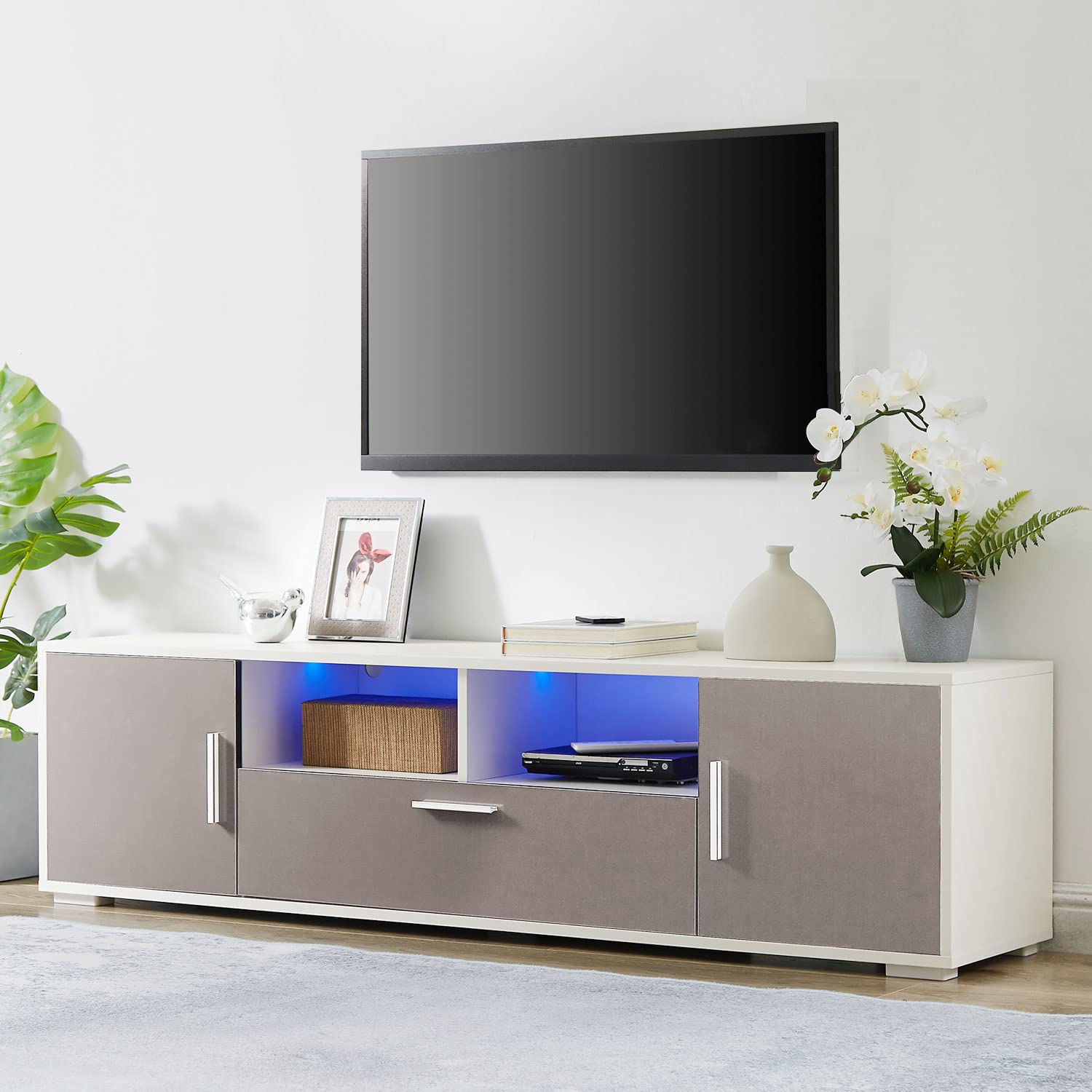 Modern TV Stand for 65+ Inch TVs - Quick 20-Minute Assembly LED Entertainment Center with Storage Cabinet, High Glossy Media Console Table for Living Room - Perfect for Home Theater Setup, Gaming, and Family Movie Nights