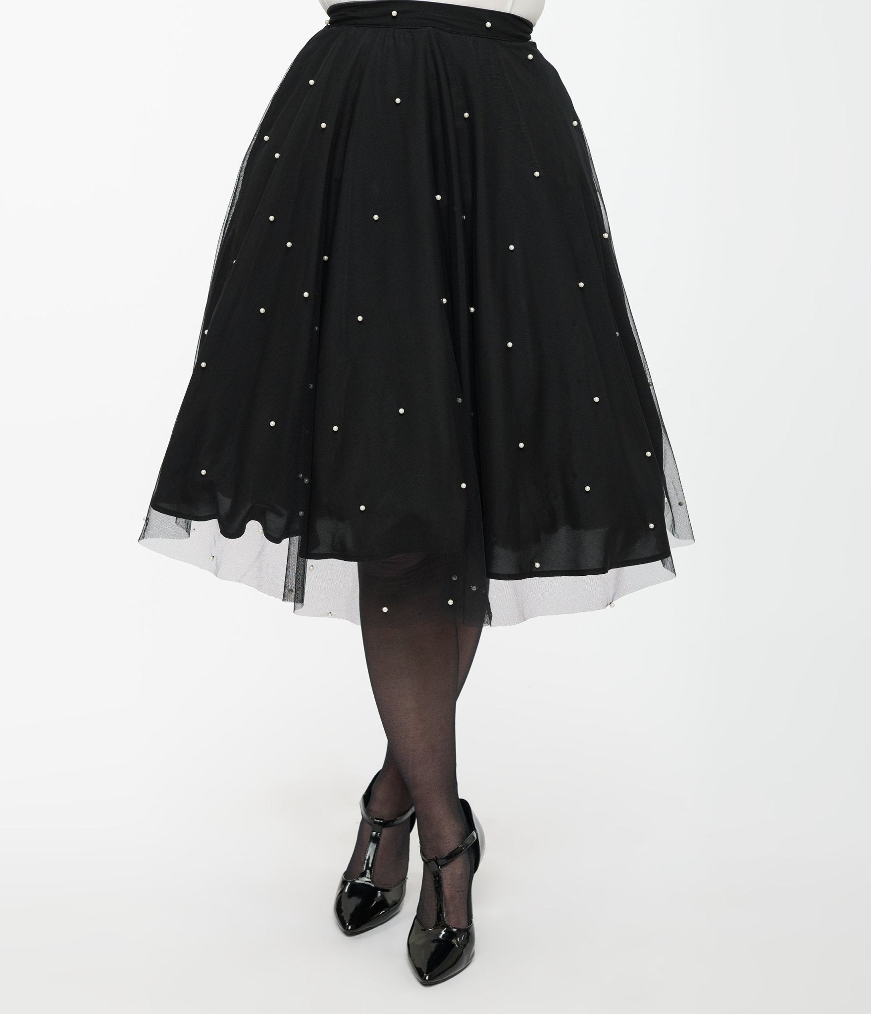 Magnolia Place Black & Faux Pearl Sally Swing Skirt - Vintage Inspired Flared Skirt for Women | Perfect for Parties, Dances & Retro Fashion Outfits