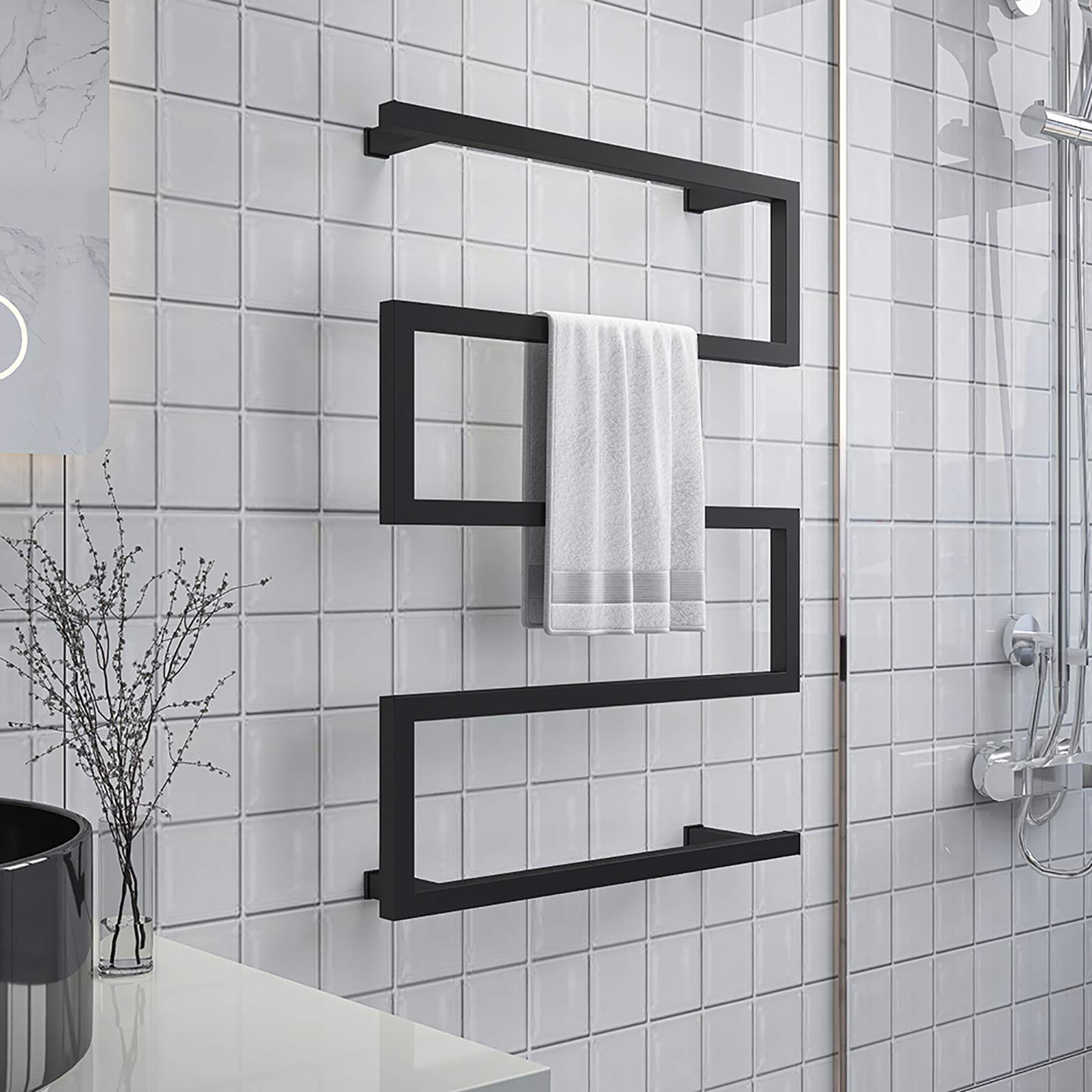 Premium Electric Towel Warmer - 304 Stainless Steel Heated Towel Rack with Timer, 5-Bar Wall Mounted Waterproof Bath Towel Heater (80×60×12cm, Black) - Perfect for Bathrooms, Spas & Luxury Hotels