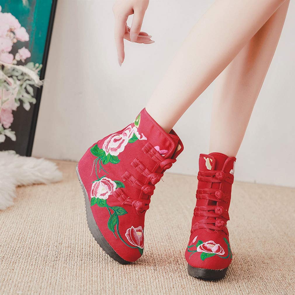 GIY Women's Embroidered Floral Wedge Ankle Boots - Retro Round Toe Buckle Booties with Mid Heel for Casual Outfits, Date Nights & Office Wear