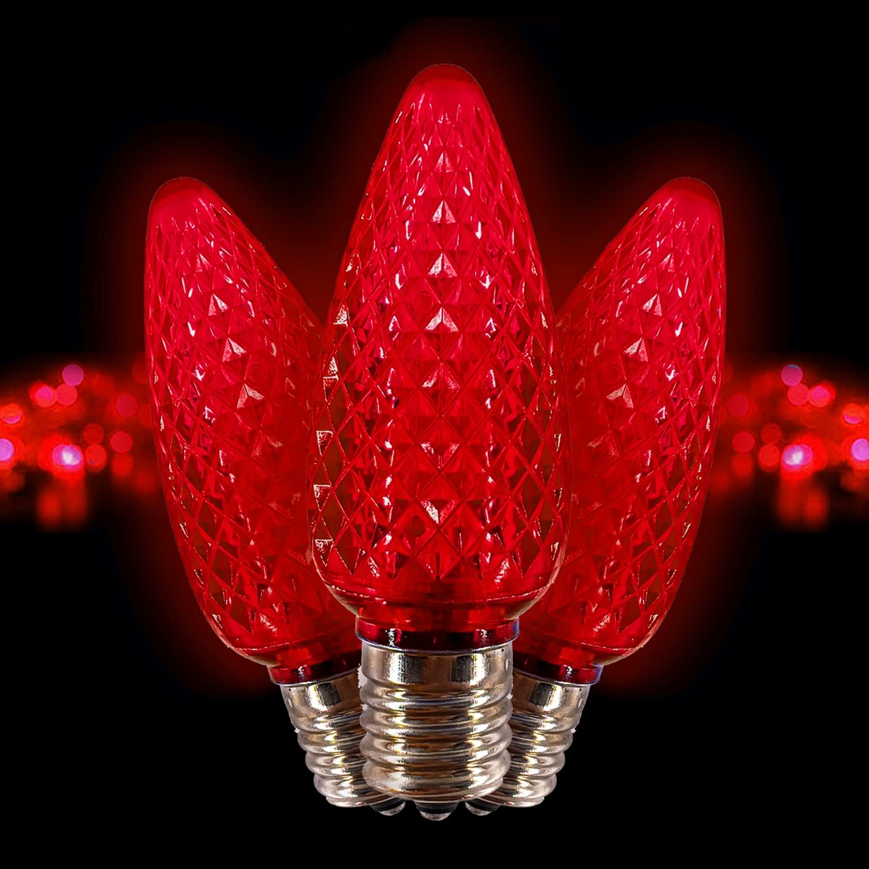 25-Pack C9 LED Red Christmas Light Bulbs - Faceted Candle Shape, E17 Base, Commercial Grade Replacement Bulbs for Indoor/Outdoor Holiday Decorations, Roof Lights, and Festive Displays