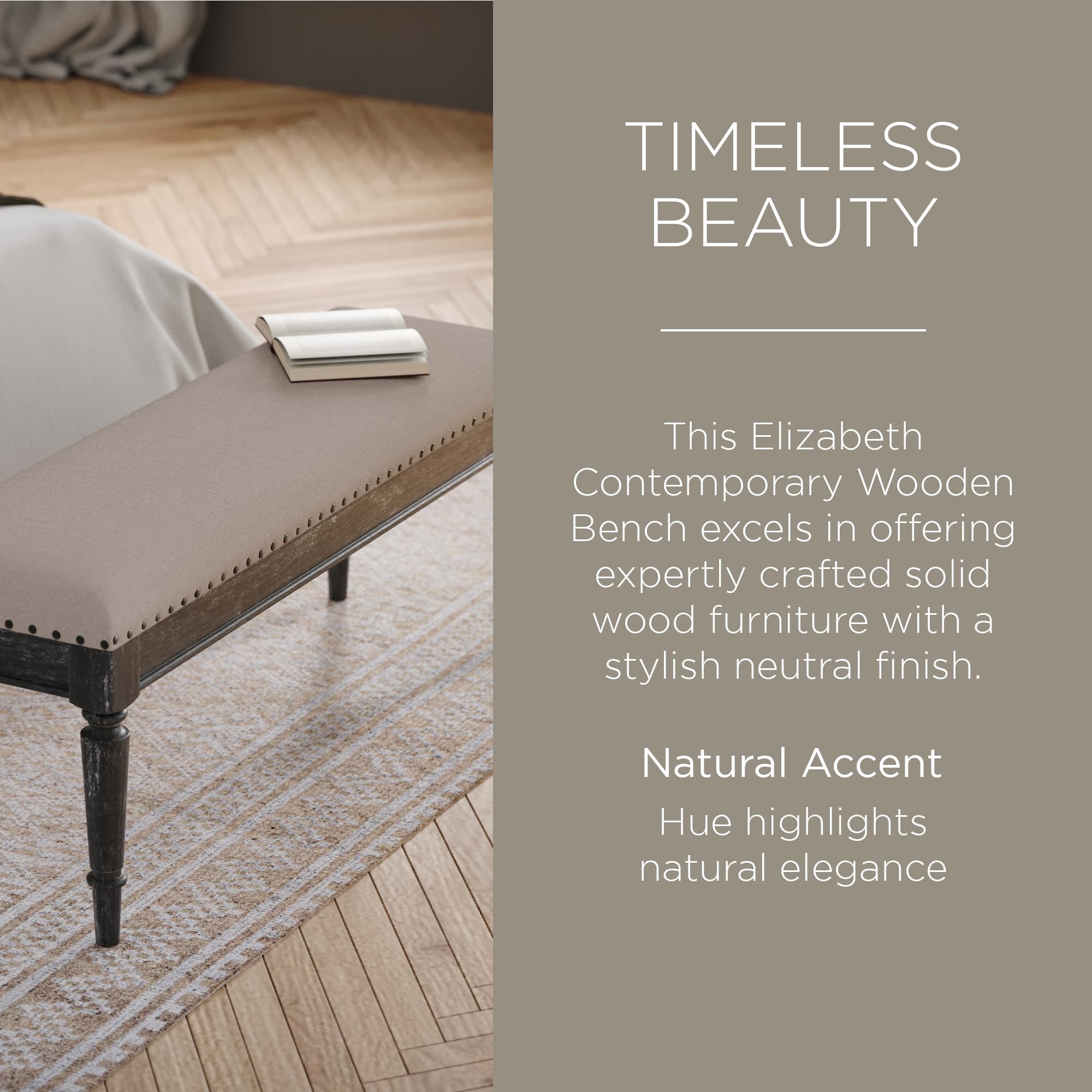Elizabeth Traditional Wooden Upholstered Bench with Padded Seat - Antique Black Finish for Kitchen, Dining Room, Entryway & Bedroom | Stylish Seating Solution for Home Decor
