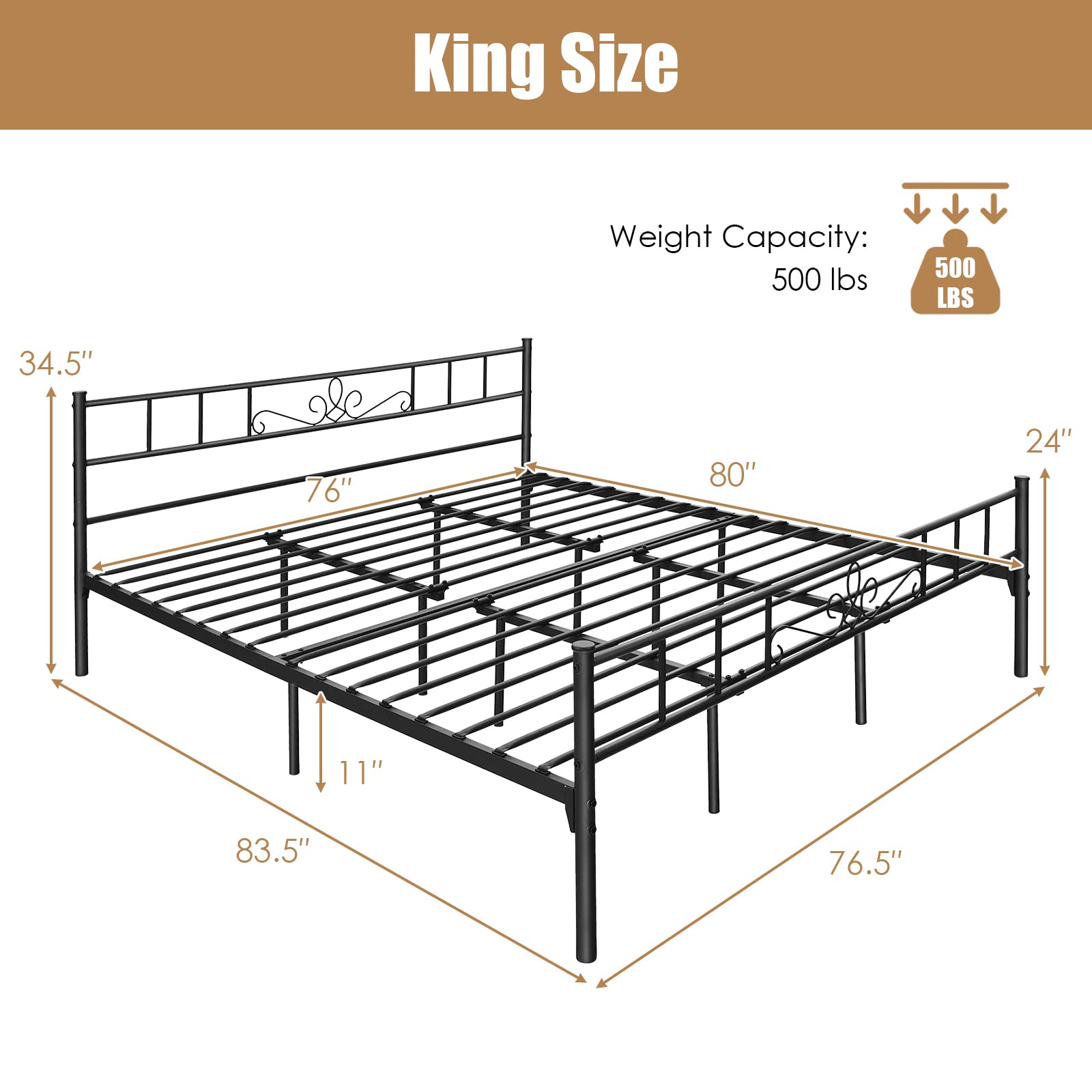 KOMFOTT King Size Metal Platform Bed Frame with Headboard & Footboard - Sturdy Reinforced Steel Slat Support, No Box Spring Required - Easy Assembly Black Bed Frame for Master Bedroom, Guest Room & Dorm