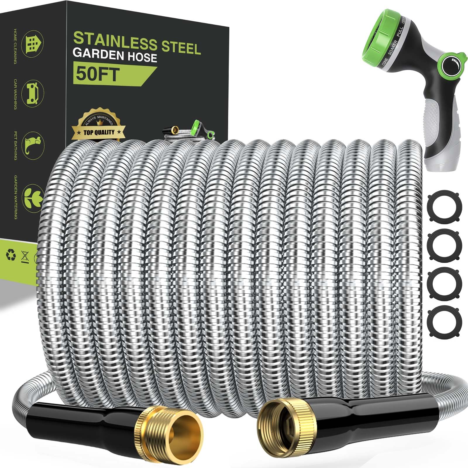 50ft Heavy Duty Metal Garden Hose - Stainless Steel, Kink-Free for Outdoor Yard Use