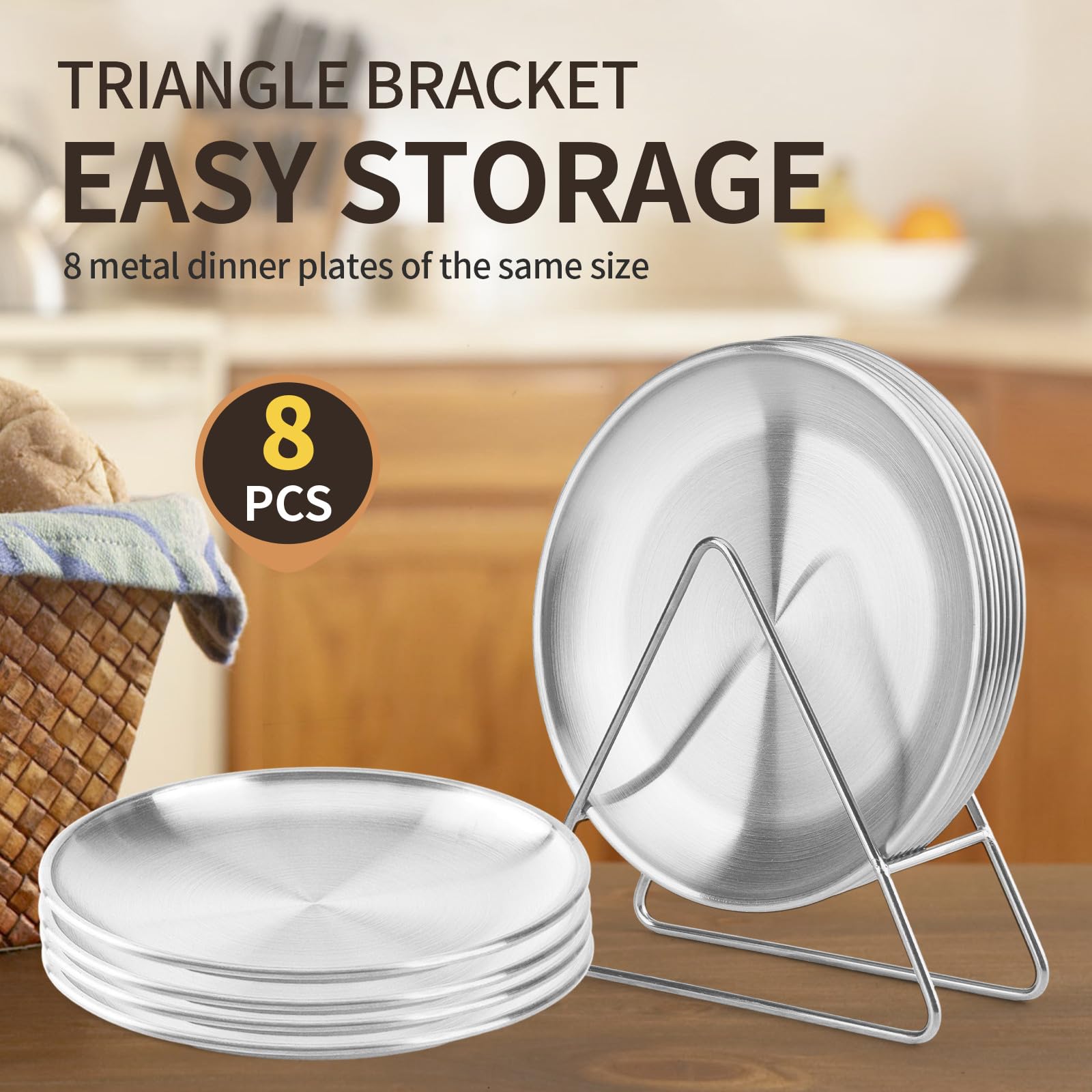 8-Piece 6.5-Inch Stainless Steel Appetizer Plate Set with Stand - Gold & Silver Round Serving Plates for Cakes, Desserts, Salads, Dips, Snacks, Side Dishes - Perfect for Parties, Weddings, Catering & Home Entertaining (Silver, 6.5 Inch)