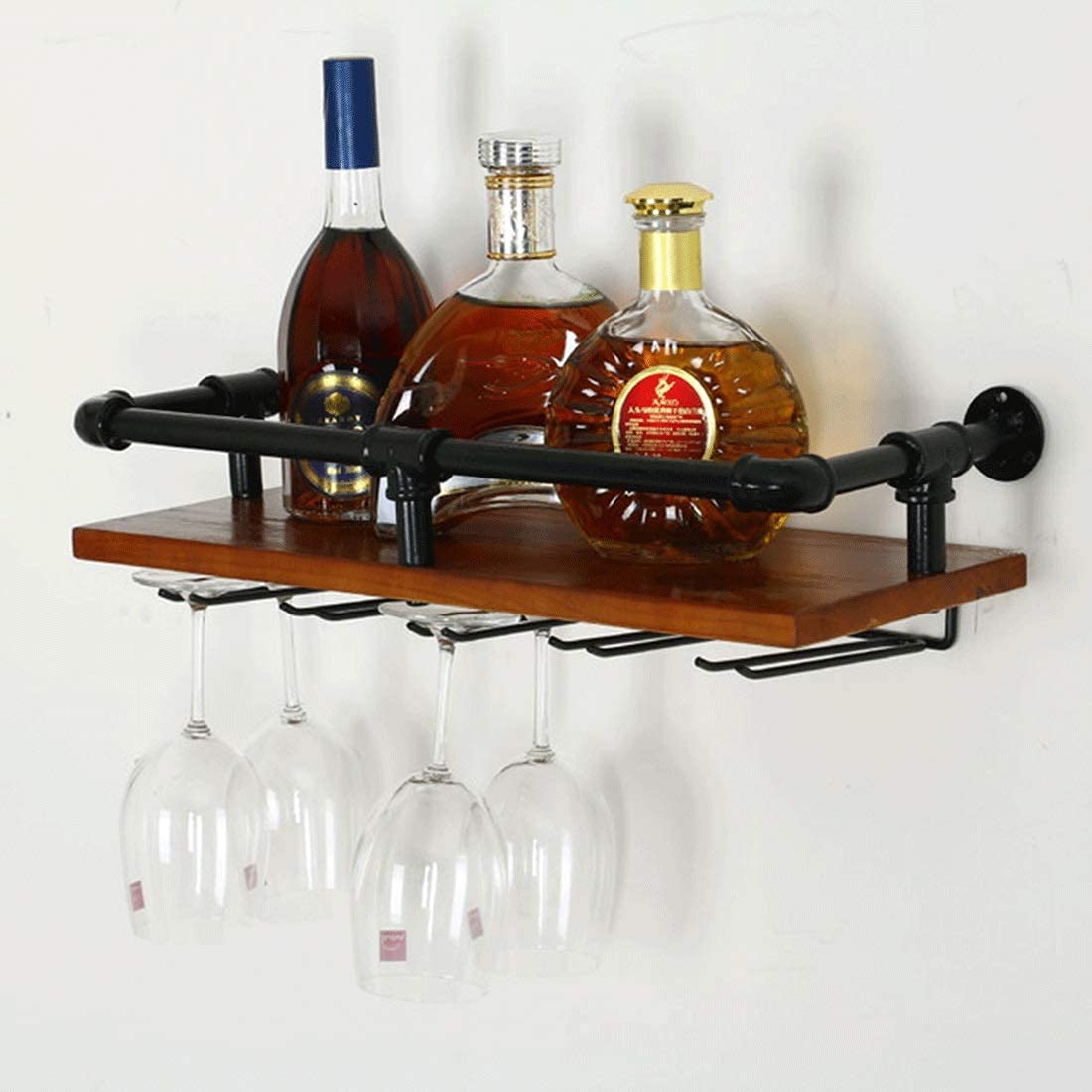 Rustic Metal Pipe Wall Mounted Wine Rack Organizer - Floating Shelves for Wine Bottles & Glass Storage (52x20x13cm) - Perfect for Home Bars, Restaurants, and Kitchen Decor