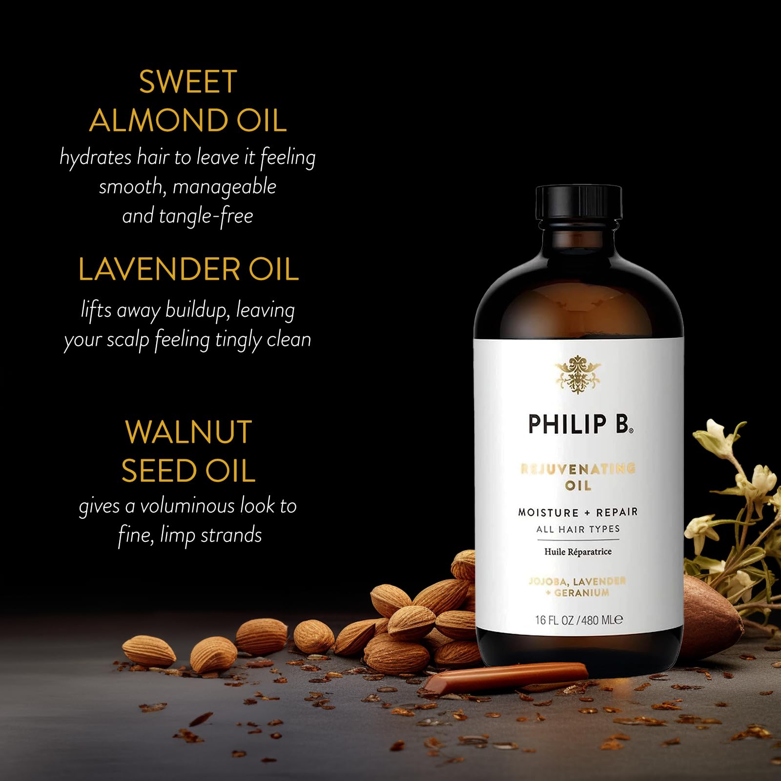 PHILIP B Rejuvenating Hair Oil 16 oz (480 ml) - Long-Term Hair Repair Treatment for Youthful Bounce, Strength & Shine | Best for Damaged, Dry & Frizzy Hair | Salon-Quality Hair Care at Home