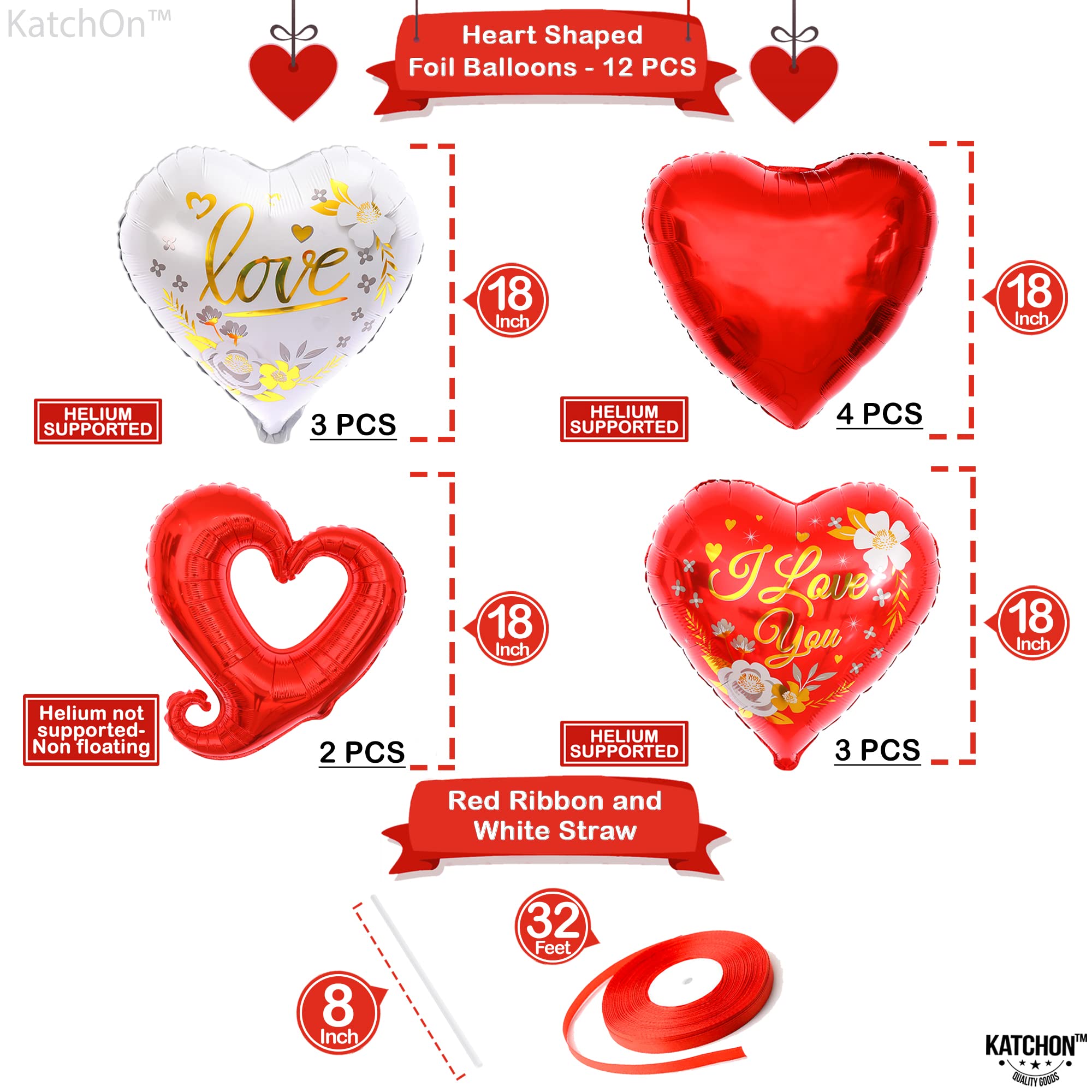 KatchOn Red & White I Love You Balloons - 18 Inch Heart Shaped Balloons (Pack of 12) | Valentine's Day Decorations, Romantic Party Supplies | Perfect for Wedding Proposals, Anniversary Celebrations & Special Date Nights