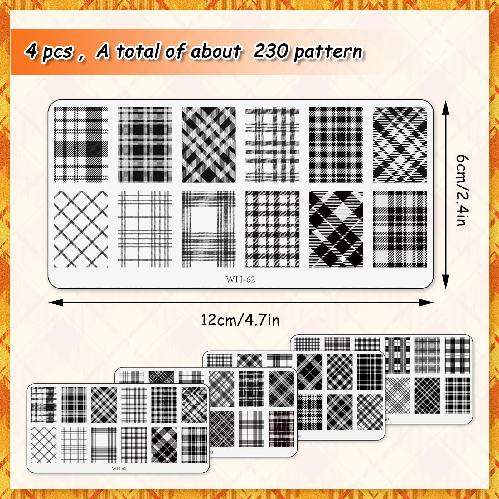 4 Sheet Plaid Nail Art Stamping Plates Kit - Rectangle DIY Nail Design Plates with Argyle & Fashion Patterns for Manicure & Salon Use | Perfect for Nail Art Enthusiasts & Professional Stylists