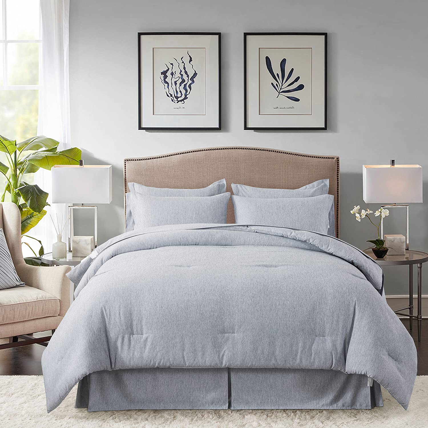 JML Queen Comforter Set 8-Piece Bed in a Bag - 490 GSM Cationic Dyeing All Season Down Alternative Comforter with 2 Pillow Shams & Sheet Set, Ultra Soft Microfiber Bedding (Navy) - Perfect for Master Bedroom, Guest Room & Dorm Comfort