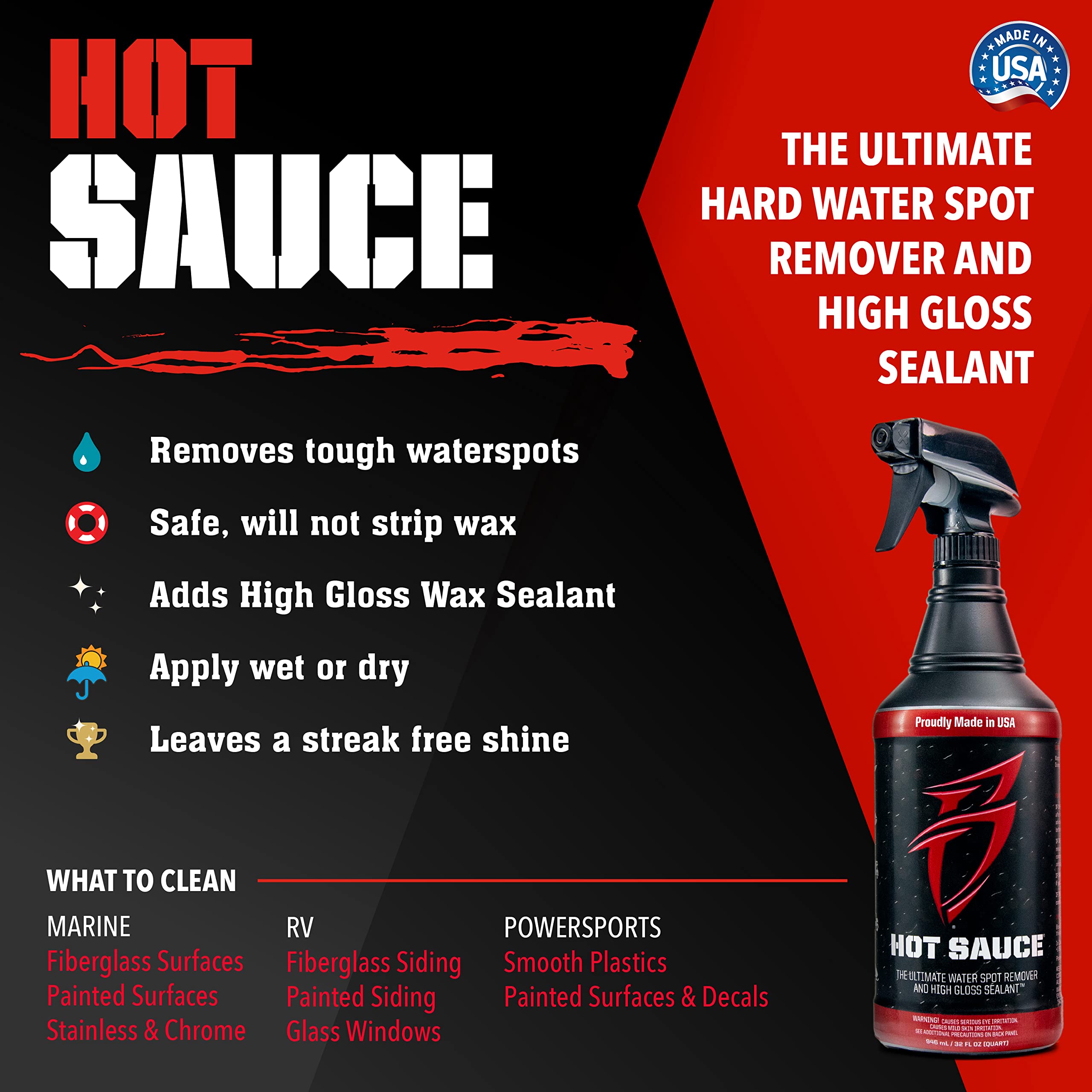 Boat Bling Hot Sauce Premium Hard Water Spot Remover & Mild Soap Sauce Upholstery Cleaner - 2 Pack (32 oz Each) - Ideal for Marine, RV, and Car Interior Cleaning