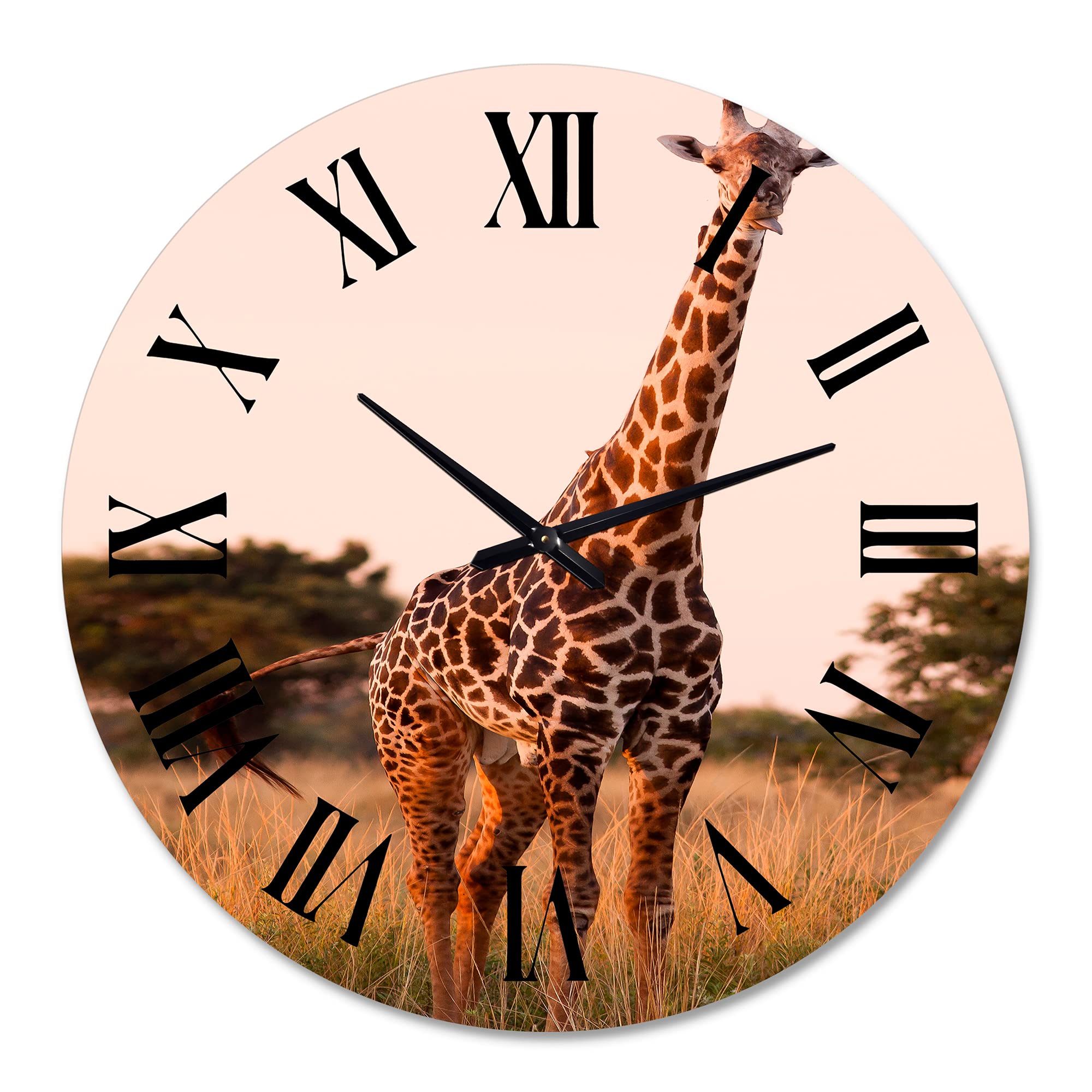 DesignQ Farmhouse Wall Clock - African Giraffe in The Wild I - Large Animal Wall Clock for Kitchen, Living Room, Bedroom Decor - Perfect for Rustic, Safari & Nature-Themed Home Décor