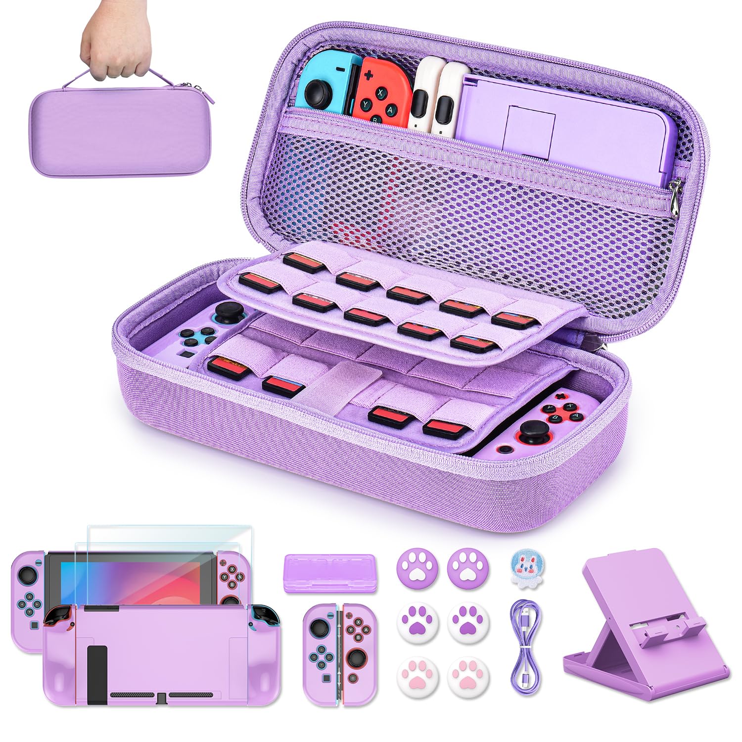 16-in-1 Nintendo Switch Carrying Case with Accessories - Purple Protective Travel Case for Original Switch Model - Perfect for Gaming On-The-Go