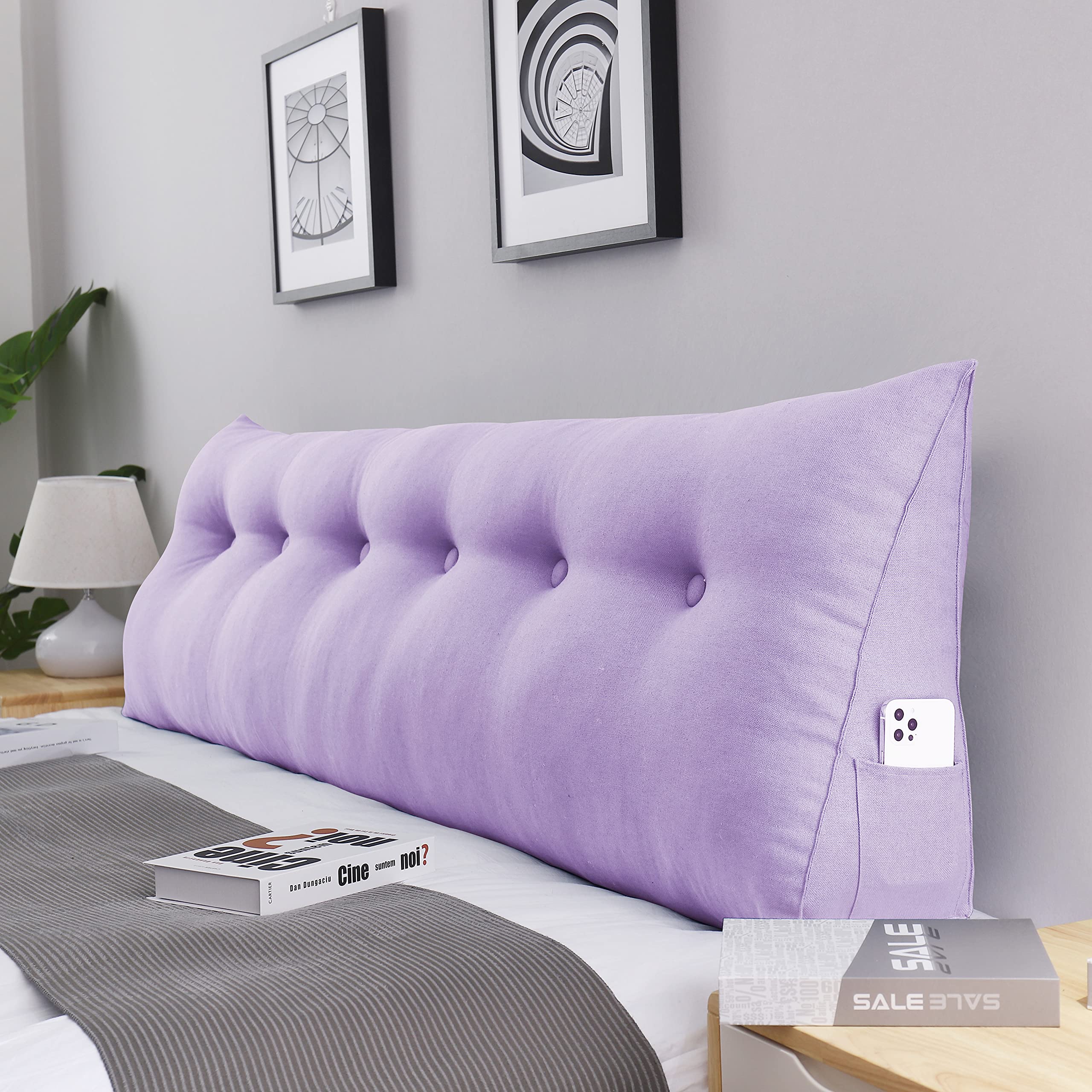 Triangular Headboard Wedge Pillow - Daybed & Reading Pillow with Lumbar Support, Upholstered in Linen (Purple, California King) - Perfect for Bed Headboard Gap Filler, Backrest & Relaxing in Bed