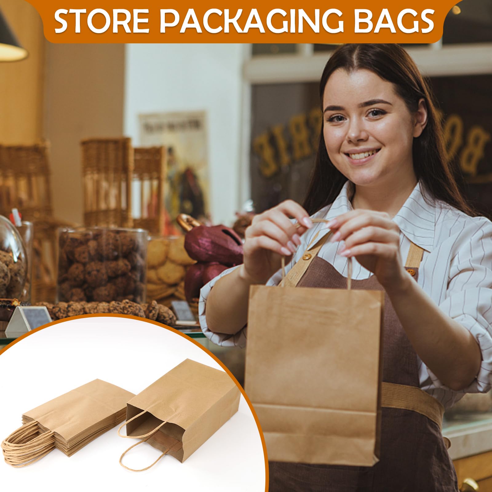 XPCARE 200Pcs Brown Kraft Paper Gift Bags with Handles 5.25x3.25x8.25'' - Bulk Eco-Friendly Party Favor Bags for Birthday, Wedding, Baby Shower & Retail Shopping - Small Business Gift Wrap Packaging Supplies