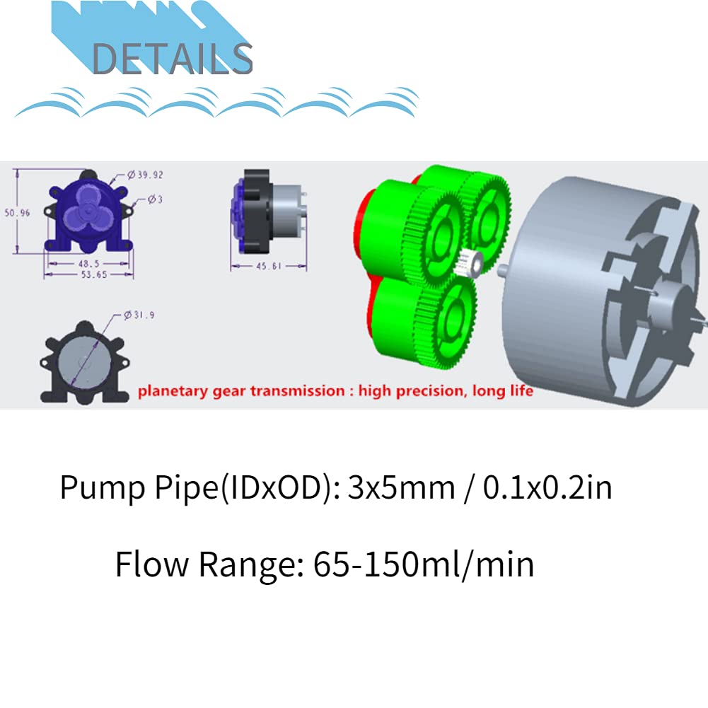 6V Peristaltic Pump for Lab & Aquarium - 65-150ml/min Flow Rate, Low Noise, ID3mmxOD5mm Tubing - Ideal for Biochemical Analysis, Pharmacy, Water Treatment & Home Aquariums