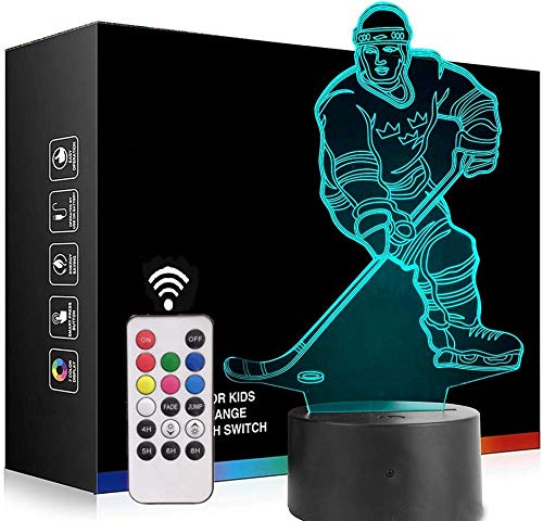 3D Ice Hockey Player Night Light for Kids - 7 Color Changing LED Lamp with Touch Switch & Remote Control, Sports Theme Desk Light for Bedroom, Nursery, Christmas & Birthday Gifts (Perfect for Hockey Fans' Rooms, Game Nights & Holiday Decorations)