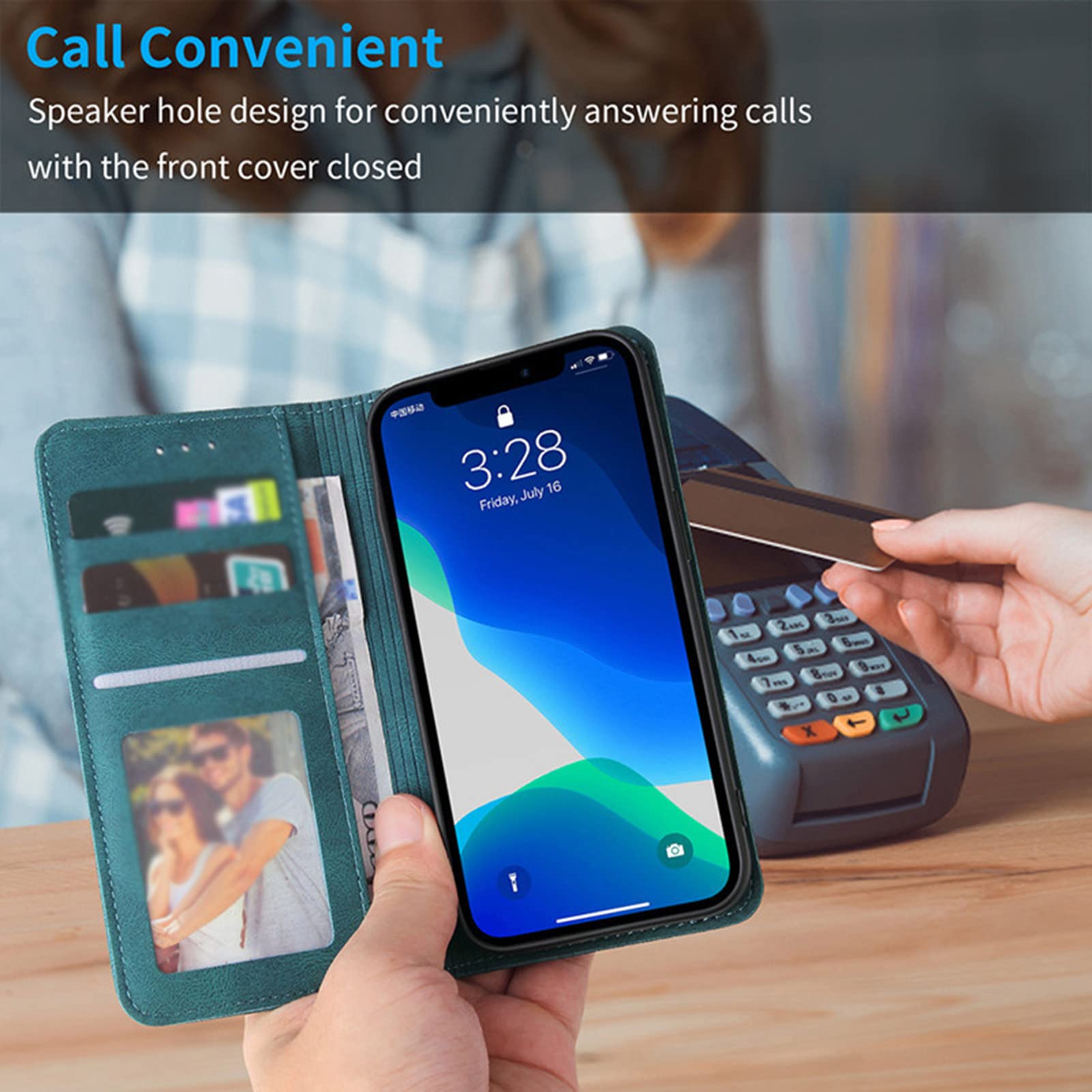 Magnetic PU Leather Wallet Case for iPhone 13 Pro Max - Shockproof Card Holder & Stand (Blue) for Daily Use