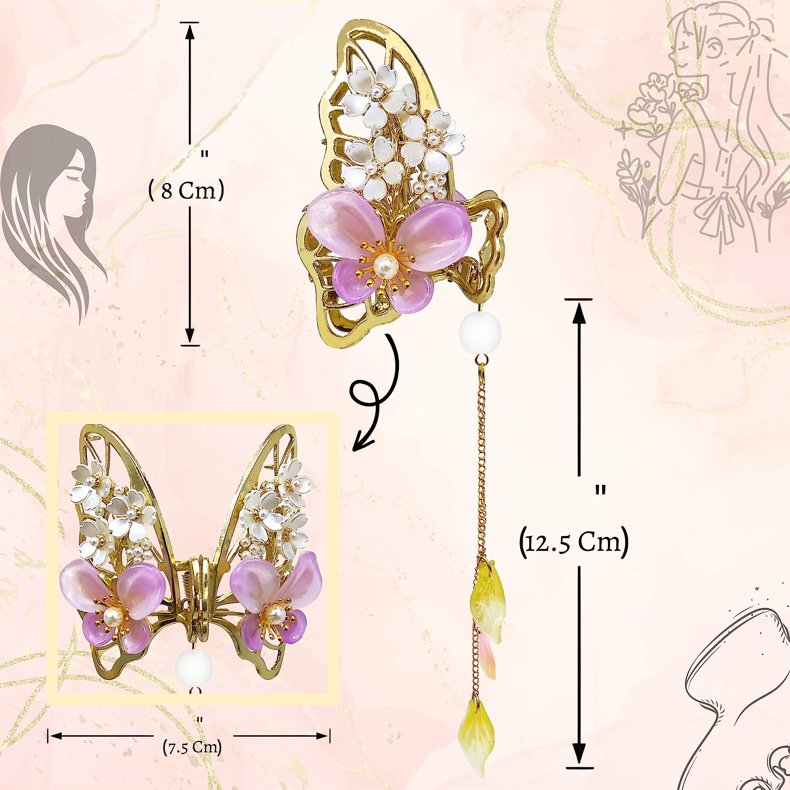 Golden Rhinestone Butterfly Floral Hair Claw Clip - Large Metal Hair Clutch for Women & Girls - Elegant Hair Accessories for Parties, Weddings & Daily Styling - Pack of 1