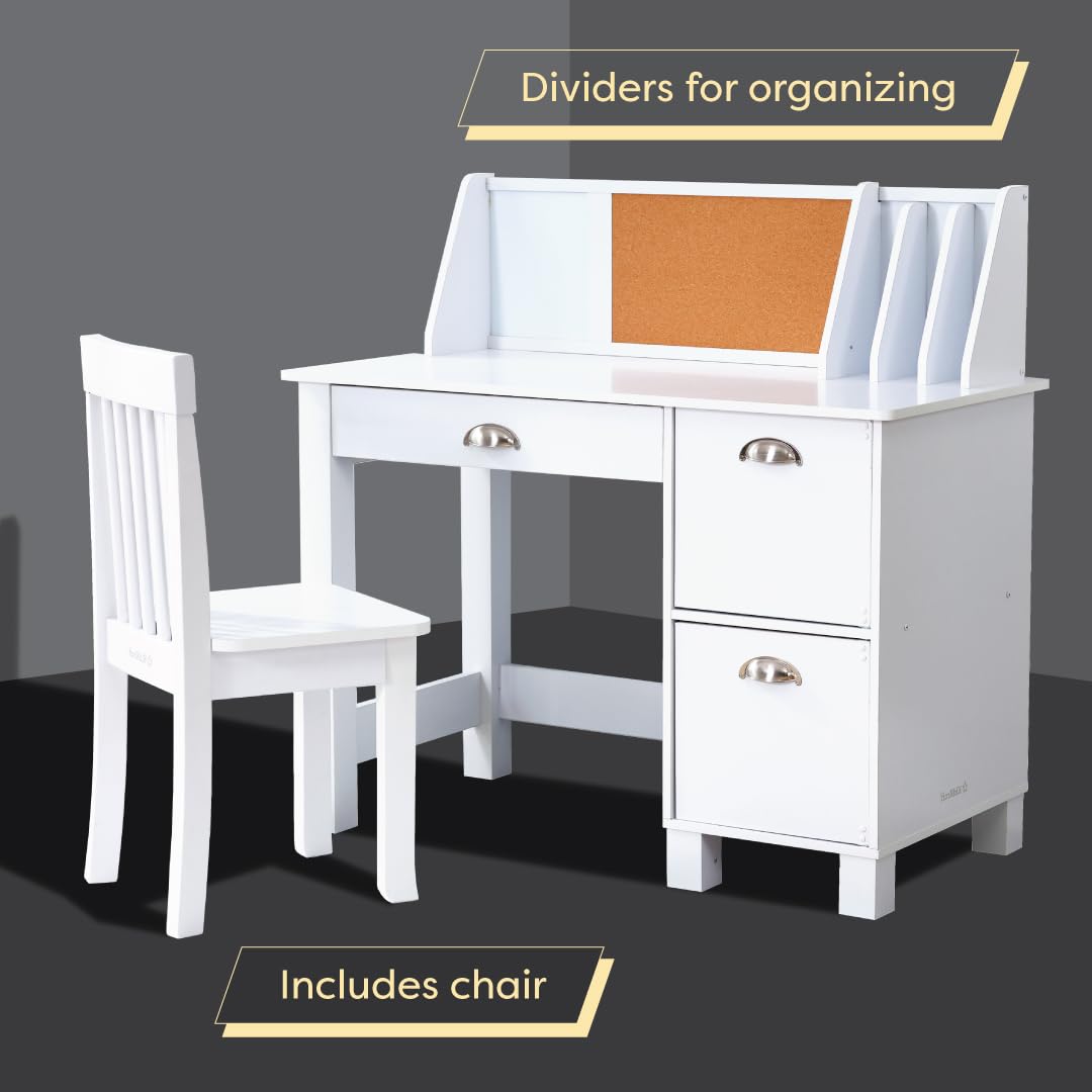 KidKraft White Wooden Study Desk Set for Kids - Children's Study Table with Chair, Bulletin Board & Storage Cabinets - Perfect for Homework, Art Projects & Bedroom Organization