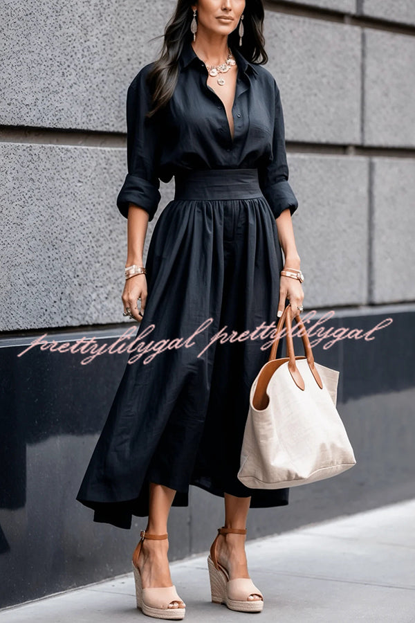 Elegant Solid Color Lapel Long Sleeve Casual Waist Midi Dress for Women - Perfect for Office, Date Night & Spring/Summer Outfits