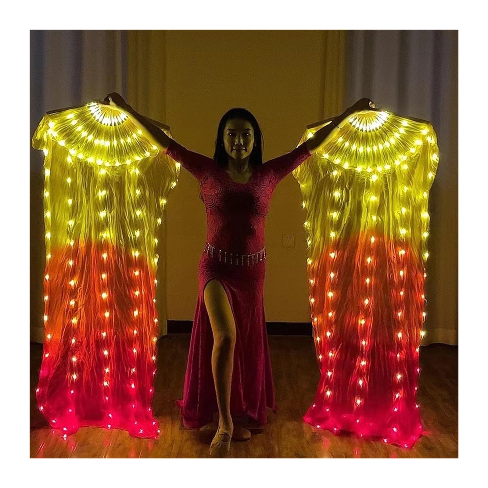 LED Belly Dance Silk Fans - 180cm Light Up Performance Fans for Worship, Praise Dance, Halloween & Christmas - Yellow Pair (Couple) - Perfect for Stage Shows, Dance Performances & Festive Celebrations